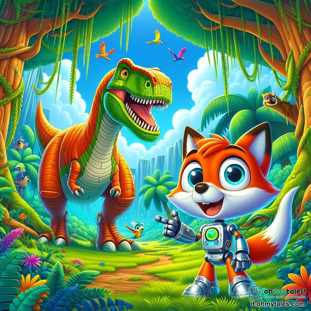 Rocco, una piccola volpe dai peli arancioni e dagli occhi curiosi, si trova al centro della scena, con le braccia aperte e un grande sorriso, meravigliato dallo spettacolo che lo circonda. Accanto a lui, TempoBot, un piccolo robot dalle forme arrotondate e dalla superficie lucida, lo osserva felice, indicando un enorme brontosauro che si piega per mangiare le foglie di un albero gigante. Lo sfondo è una giungla preistorica lussureggiante, con alberi giganteschi e felci verdi, mentre il cielo è blu brillante, punteggiato di nuvole bianche. Rocco e TempoBot osservano il brontosauro con meraviglia, mentre uccelli colorati volano attorno, arricchendo la bellezza di questo momento unico.