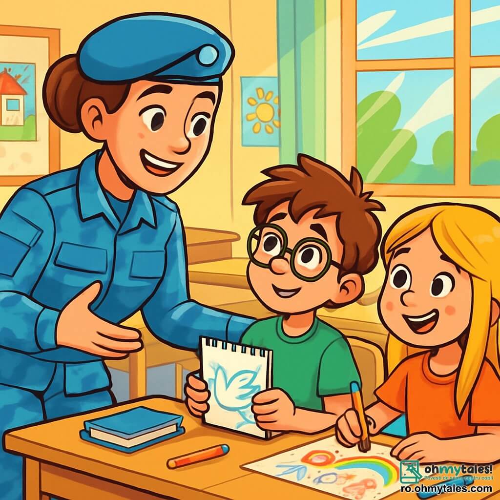 O femeie soldat, cu părul brun prins într-un coc, poartă o uniformă albastră și un zâmbet cald pe față, arătând determinare și bunăvoință. Ea vorbește cu copii, cu ochii strălucind de speranță. Un băiat de 10 ani, cu ochelari și părul ciufulit, ascultă atent, ținând un creion și un caiet de desen. Lângă el, o fetiță de 9 ani, cu părul lung și blond, desenează cu entuziasm, obrașii ei fiind roșii de emoție. Scena se desfășoară într-o clasă luminoasă, decorată cu desene colorate pe pereți, având feronerie care lasă să intre lumina soarelui. Băncile din lemn sunt aranjate în rânduri, pline de rechizite. Femeia soldat explică importanța păcii, în timp ce copiii, captivați, desenează visele lor despre o lume mai bună, plină de culori vii și zâmbete.