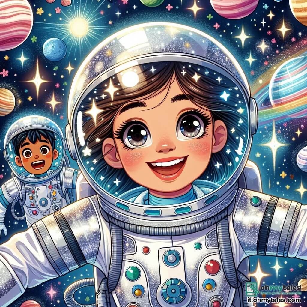 Un'astronauta sorridente, Stella, è al centro dell'immagine. Indossa una brillante tuta spaziale bianca con riflessi argentati, il suo casco trasparente mostra il suo viso gioioso e i capelli castani fluttuanti. Fluttua nello spazio, con le braccia aperte, circondata da pianeti colorati e scintillanti. Accanto a lei, un ragazzo di nome Luca, di circa 8 anni, ha gli occhi sbarrati per meraviglia. Indossa una tuta spaziale blu e imita il movimento di Stella, ridendo e fluttuando felicemente. Sullo sfondo si vede un cielo stellato, con stelle brillanti e nebulose colorate, creando un'atmosfera magica. La scena principale mostra Stella e Luca che fluttuano insieme nello spazio, scoprendo le meraviglie dell'universo, condividendo un momento di gioia e avventura.