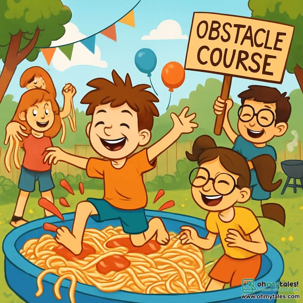 A 12-year-old boy named Max, with messy hair and a big bright smile, is joyfully jumping into a pool of spaghetti, arms wide open and splashes of tomato sauce around him. Next to him, Zoe, an 11-year-old girl with pigtails and glasses, is laughing out loud while trying not to fall into the pasta pool. Freddie, a 12-year-old boy wearing thick glasses, stands back, laughing and holding a cardboard sign that reads "Obstacle Course," while Lila, an 11-year-old girl, is pretending to be a spaghetti monster with noodles hanging from her arms, standing just behind Max. The setting is a sunny garden filled with bright colors, floating balloons, and paper garlands hanging from the trees. In the background, a barbecue is gently smoking, adding warmth to the festive atmosphere. The main scene captures the energy and joy of friendship, with the children in action, laughing and having fun in a chaos of spaghetti and giggles.