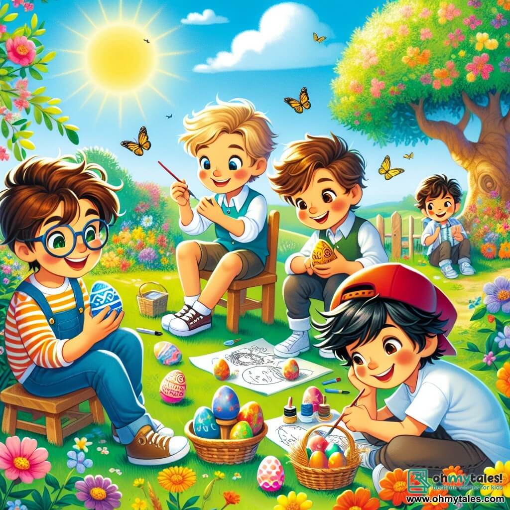 Four eleven-year-old boys, Alex, Ben, Charlie, and Dylan, are gathered in a sunny garden surrounded by colorful flowers. Alex, with brown hair and glasses, is painting an egg blue and gold while sitting at a small table. Ben, with blond hair and sparkling eyes, is adding stars to his egg, standing next to him. Charlie, with chestnut hair and a mischievous smile, is drawing a treasure chest on his egg, leaning forward. Dylan, with black hair and a red cap, is writing a riddle on a small piece of paper while sitting on the grass with an egg in hand. The garden is vibrant with blooming flowers, fluttering butterflies, and a large oak tree at the center, under which is a small wooden table. The sky is bright blue with a few fluffy white clouds. The boys are creating magical Easter eggs, each decorated with unique patterns, while laughing and sharing ideas for a surprise-filled egg hunt.