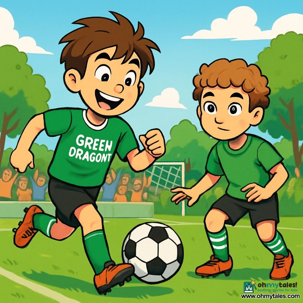 A 12-year-old boy, Max, with messy brown hair and sparkling eyes full of excitement, runs on a green soccer field, a big smile on his face. He wears a bright green jersey from the Green Dragons, black shorts, and worn-out sneakers while determinedly dribbling the ball. Nearby, Jamie, another 12-year-old boy with curly hair and bright eyes, is ready to receive the ball. He wears a slightly worn soccer outfit with striped socks and has a focused expression, ready to make a decisive pass. The soccer field is surrounded by enthusiastic spectators, with lush trees in the background and a bright blue sky, creating a joyful and dynamic atmosphere. The scene captures the moment when Max energetically passes the ball to Jamie, illustrating team spirit and the excitement of a soccer match.