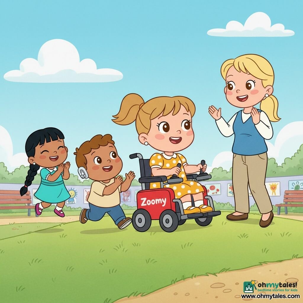 A joyful scene of a confident 4-year-old girl with light brown pigtails and bright eyes riding her red electric wheelchair "Zoomy" up a small grassy hill in a yellow polka-dot dress; beside her a round-faced, cheerful ~4-year-old boy (Max) with short brown hair and a visible white hearing aid runs and applauds admiringly, while a shy but laughing ~4-year-old girl (Ava) with a black braid in a turquoise dress jumps and claps a few steps behind; Miss Anna, the warm-smiling teacher in her thirties with tied blond hair, stands at the top of the hill with hands raised, wearing beige trousers and a blue cardigan, in a sunny playground bordered by colorful flowers, a light blue sky with soft clouds, a gravel path, benches and children's drawings on a painted fence—bright colors, rounded expressive features evoking a 1990s cartoon.