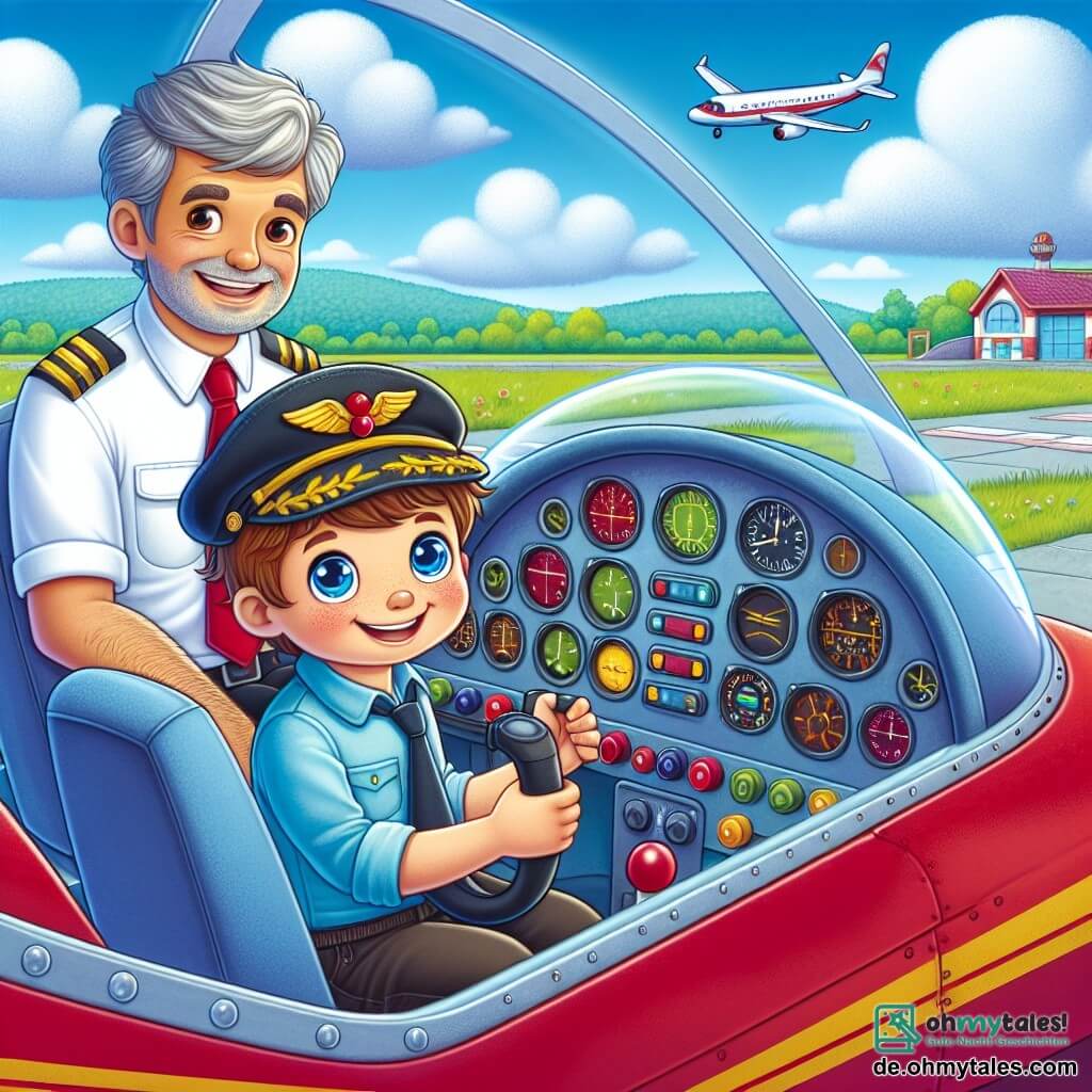 Ein junger Mann namens Max, etwa 25 Jahre alt, sitzt im Cockpit eines kleinen roten Flugzeugs, mit einem breiten Lächeln im Gesicht, seine Augen strahlen vor Aufregung und Entschlossenheit. Er trägt eine Pilotenmütze und ein blaues Hemd und hält das Steuer des Flugzeugs fest, bereit zum Abheben. Neben ihm sitzt sein Lehrer, Herr Müller, ein Mann in seinen Fünfzigern mit grauen Haaren und gepflegtem Bart. Er trägt ein weißes Hemd und eine Krawatte und schaut stolz zu Max, bereit, ihm beim Flug Anweisungen zu geben. Das Cockpit ist mit bunten Instrumenten, blinkenden Lichtern und Hebeln gefüllt, während man durch das Fenster einen strahlend blauen Himmel mit ein paar weißen Wolken sieht. Im Hintergrund ist die Landebahn des Flughafens zu sehen, umgeben von Grün und bunten Gebäuden. Die Hauptsituation zeigt Max und Herrn Müller, die sich auf den Start vorbereiten, mit spürbarer Aufregung in der Luft. Max steht kurz davor, seinen Traum vom Fliegen zu verwirklichen, während Herr Müller ihm Anweisungen gibt, was eine Atmosphäre von Abenteuer und Kameradschaft schafft.