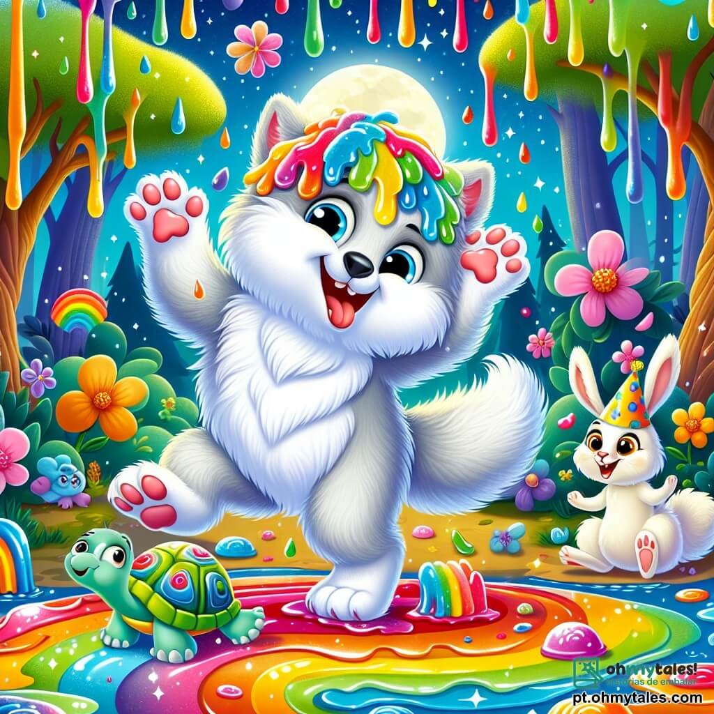 Lobo Lelé, um pequeno lobo com pelos macios como algodão, um grande sorriso e olhos brilhantes de malícia, está dançando alegremente sob uma chuva de gelatina colorida, suas patas escorregadias deixando marcas brilhantes no chão. Ao seu lado, o Coelho Corredor, um coelho de grandes orelhas e pelagem branca brilhante, ri alto, fazendo saltos desajeitados, enquanto gotas de gelatina caem sobre ele. Um pouco mais longe, a Tartaruga Tímida, uma tartaruga com uma carapaça colorida e um chapéu de festa, observa a cena com um sorriso tímido, tentando não escorregar na gelatina. A cena acontece em uma floresta encantada, onde árvores de troncos multicoloridos dançam ao ritmo do vento, e flores cantam melodias alegres. A lua de gelatina, brilhante e radiante, ilumina o céu estrelado, adicionando um toque mágico à atmosfera. A situação principal mostra Lobo Lelé e seus amigos em plena festa, rindo e brincando sob a chuva de gelatina, celebrando a amizade e a alegria em um turbilhão de cores e risos.