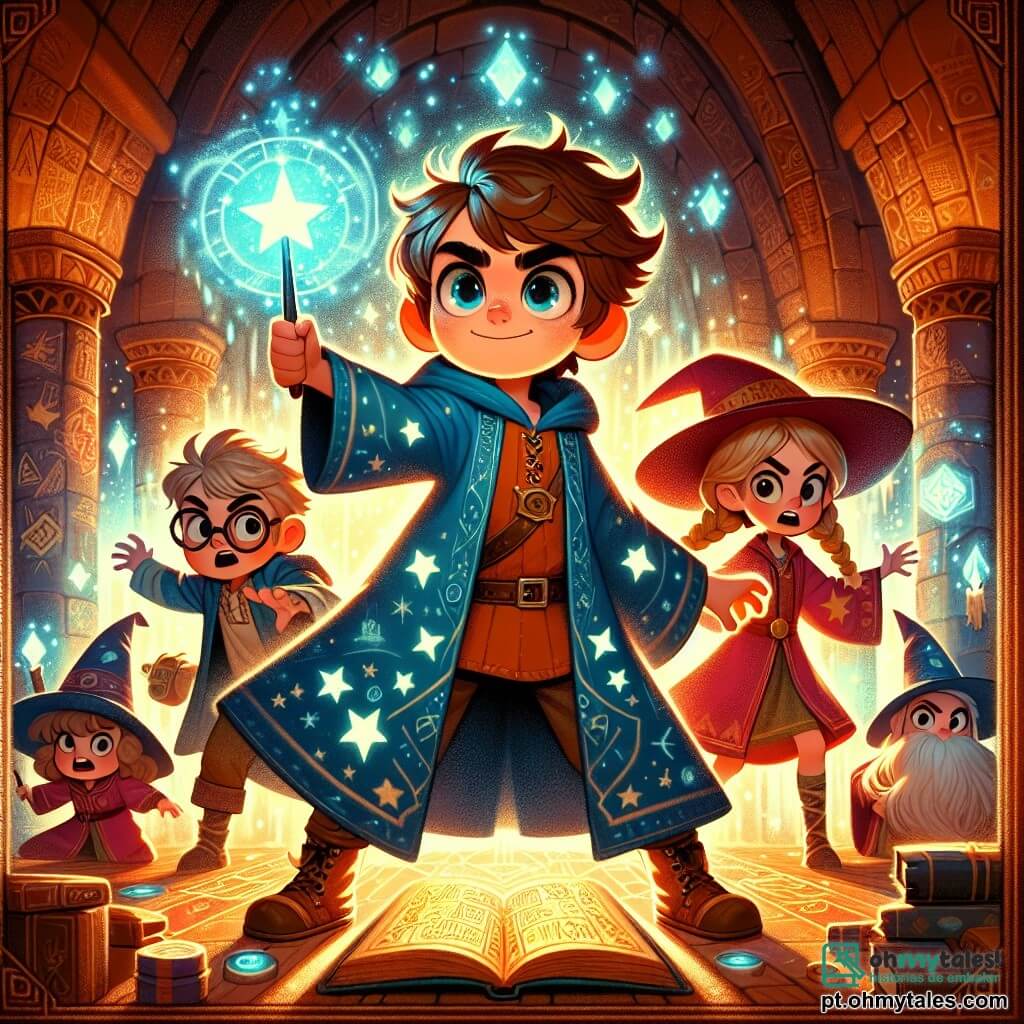 No centro da imagem, um jovem aprendiz de feiticeiro chamado Lucas, de doze anos, está com uma expressão de determinação no rosto. Ele tem cabelos castanhos bagunçados, olhos curiosos e veste uma robe de feiticeiro azul escuro, decorada com padrões estrelados. Ele brandi sua varinha mágica, cercado por um brilho cintilante que emana dela. Ao seu lado, sua melhor amiga Mia, uma garota ousada de doze anos, com cabelos loiros trançados e óculos redondos, observa com um sorriso encorajador. Ela usa uma robe de feiticeira vermelha e segura uma poção em uma mão, pronta para ajudar Lucas. O cenário se passa em uma caverna misteriosa, com paredes cobertas de runas brilhantes e cristais cintilantes que emitem uma luz suave e colorida. Lucas e Mia enfrentam um grupo de jovens feiticeiros mais velhos que tentam pegar um livro antigo em um pedestal no centro da caverna. As tensões são palpáveis e o ar está carregado de energia mágica, enquanto Lucas se prepara para defender o livro com coragem e determinação.