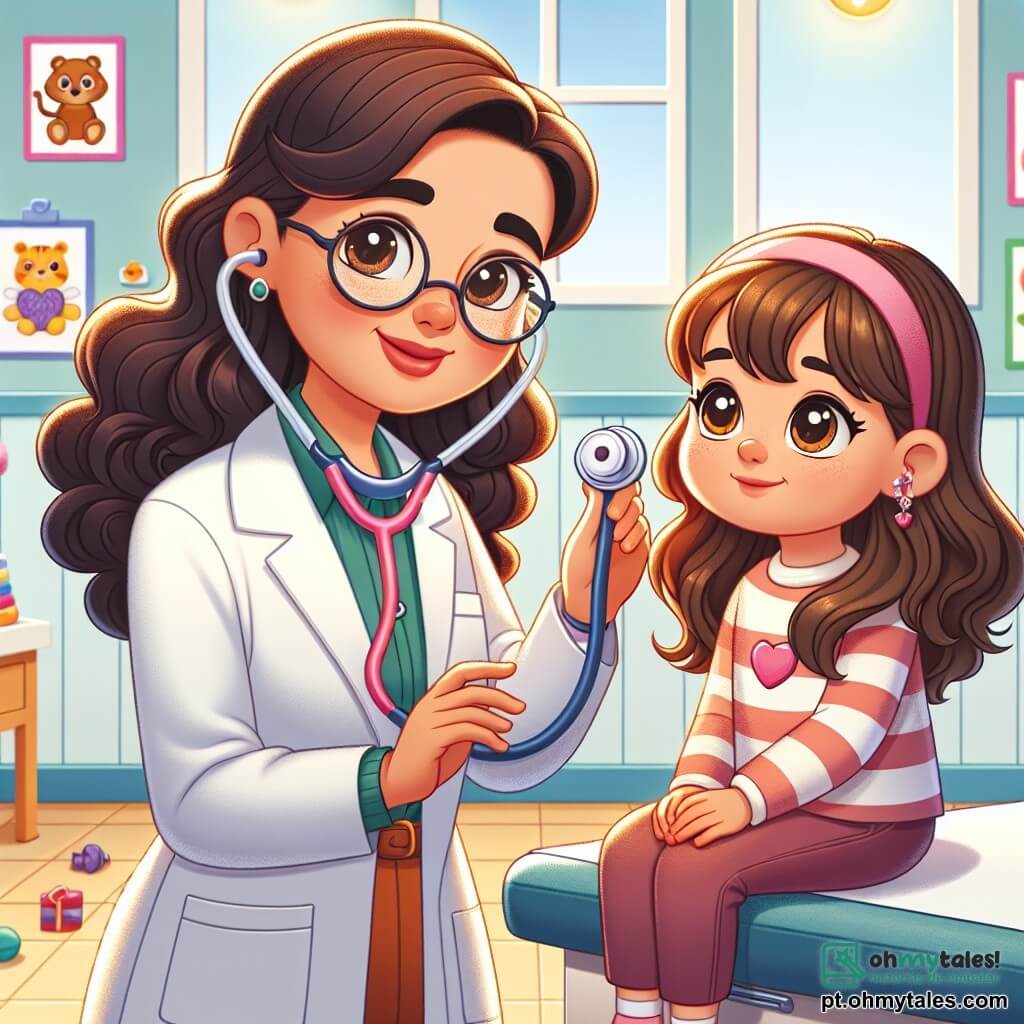A cena representa a Dra. Sofia, uma médica de cerca de trinta anos, com cabelos cacheados e óculos redondos que escorregam ligeiramente pelo nariz. Ela usa um jaleco branco e um sorriso caloroso, mostrando seu entusiasmo enquanto segura um estetoscópio, pronta para ouvir o coração de uma criança. Ao seu lado está Ana, uma menina de oito anos, com longos cabelos castanhos e olhos brilhantes de curiosidade. Ela está sentada em uma mesa de exame, um pouco nervosa mas animada, segurando um brinquedo em forma de coração nas mãos. O cenário é uma sala de consulta colorida, cheia de desenhos de animais e pôsteres educativos sobre saúde. Brinquedos estão espalhados pelo chão, e uma janela deixa entrar a luz do sol, iluminando o espaço. A situação principal mostra a Dra. Sofia explicando a Ana como funciona o estetoscópio, enquanto Ana ouve atentamente, fascinada pelo som dos batimentos do seu coração, ilustrando a conexão entre a médica e sua jovem paciente.