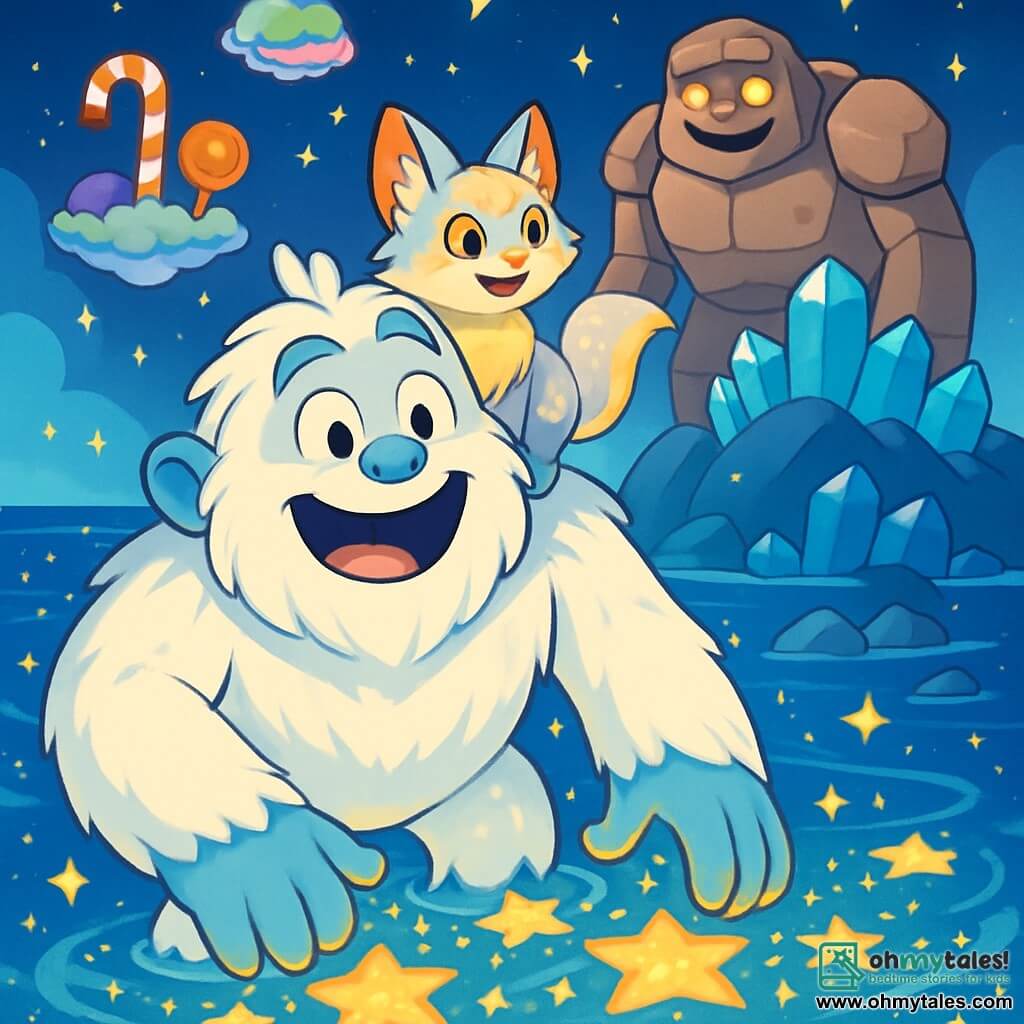 A Yeti with bright white fur and shiny, marble-like eyes stands at the edge of a sea of sparkling stars. He has an expression of surprise and joy, with his large paws gently resting on swirling stars around him. Beside him is a small creature named Liri, a Star Fox with silver and golden fur and twinkling eyes, perched on his shoulder, gazing around in wonder. In the background, a stone Golem with glowing eyes and a deep voice stands on a hill of crystals, watching the scene with a benevolent smile. The setting is a vast expanse of bright stars, where floating islands of colorful candies dance in the sky, creating a magical and enchanting atmosphere. The main scene shows the Yeti and Liri discovering the beauty of the Ocean of Stars as they prepare to release the Prismalynx, the guardian of this enchanting place.