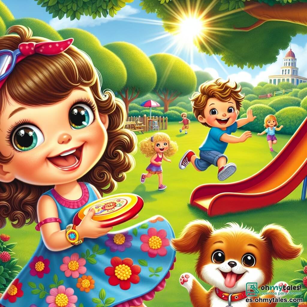 Una niña de 6 años, Clara, con grandes ojos brillantes y cabello castaño rizado, sonríe alegremente mientras juega en un parque soleado. Lleva un vestido colorido con flores y sostiene un frisbee en sus manos. A su lado, su pequeño perro Toby, un adorable cachorro de pelo dorado, salta con entusiasmo, la lengua afuera y las orejas en alto. Un niño de 6 años, Lucas, con cabello castaño despeinado y una camiseta azul, se prepara para deslizarse por el tobogán, riendo de felicidad. El parque es verde, lleno de árboles majestuosos, flores brillantes y un gran tobogán rojo que brilla bajo el sol. Los niños juegan alrededor, creando un ambiente alegre y animado. Clara y sus amigos se divierten juntos, corriendo y riendo, dejando de lado sus pantallas para disfrutar de la magia del juego al aire libre.