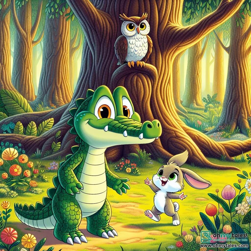 A young crocodile named Crispin, with scales as shiny as emeralds and curious sparkling eyes, stands in front of a majestic tree with wide branches, his heart racing with excitement. Beside him, Bella, a small bunny with big ears and soft fur, hops joyfully, her face glowing with enthusiasm. In the background, the wise owl Oliver, perched on a branch, watches the scene with a kind gaze, his brown feathers contrasting with the vibrant green of the forest. The setting is an enchanted clearing filled with colorful flowers and bathed in golden light, where a sweet floral scent lingers in the air. Crispin, touching the trunk of the magical tree, prepares to discover the secret of the forest, while Bella encourages him with a knowing smile, creating an atmosphere of adventure and friendship.