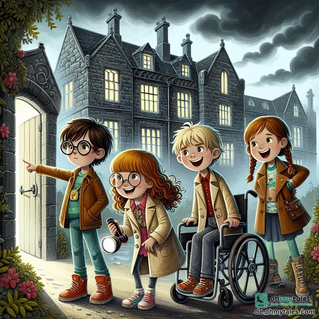 Vier Freunde, die Detektive sind, stehen vor einem alten, geheimnisvollen Herrenhaus. Mia, ein neunjähriges Mädchen mit lockigem braunem Haar und runden Brillen, schaut neugierig auf die Tür des Herrenhauses und hält eine Taschenlampe in der Hand. Neben ihr zeigt Emma, ein Mädchen mit geflochtenem blonden Haar und strahlendem Lächeln, auf ein staubiges Fenster, aufgeregt über die Entdeckung von Geheimnissen. Leni, ein Mädchen mit kastanienbraunem Haar und Sonnenbrille auf dem Kopf, steht etwas im Hintergrund, mit verschränkten Armen und einem besorgten, aber entschlossenen Gesichtsausdruck. Schließlich lächelt Jonas, ein Junge mit kurzen braunen Haaren, der in seinem Rollstuhl sitzt, mutig und bereit für das Abenteuer. Das Herrenhaus ist groß und alt, mit grauen Steinmauern, zerbrochenen Fenstern und Lianen, die die Wände hinaufklettern. Ein bewölkter Himmel schwebt darüber und verleiht der Szene eine geheimnisvolle Atmosphäre. Die Kinder bereiten sich darauf vor, das Herrenhaus zu betreten, um das Geheimnis der seltsamen Geräusche zu lösen, die daraus dringen, ihre Gesichter erleuchtet von Aufregung und Neugier.