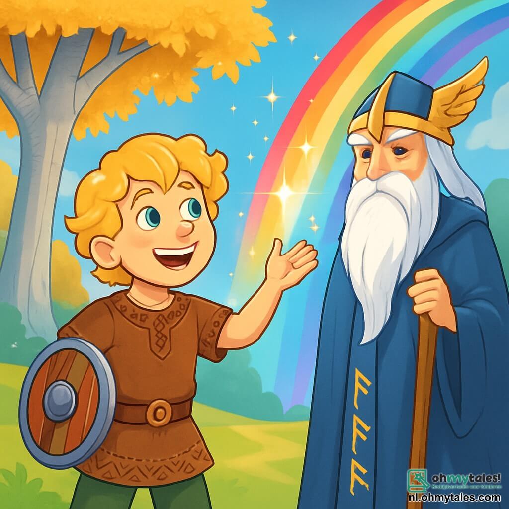 Een jonge Viking genaamd Erik, ongeveer 12 jaar oud, staat in het midden van de afbeelding. Hij heeft krullend blond haar, nieuwsgierige ogen en een brede glimlach die verwondering uitdrukt. Hij draagt een bruine leren tuniek versierd met noordse patronen en een klein schild aan zijn arm. Naast hem staat Odin, een oude man met een lange witte baard en een doordringende blik, majestueus. Hij is gekleed in een blauwe robe met gouden runen en kijkt Erik vriendelijk aan. De achtergrond toont een betoverende open plek in Asgard, met enorme bomen met zilveren stammen en gouden bladeren die schitteren onder een heldere blauwe lucht. Op de achtergrond is de beroemde Bifrost te zien, de regenboogbrug die de werelden verbindt en in duizend kleuren straalt. De scène toont Erik, verwonderd, die zijn hand uitstrekt naar een magische poort, terwijl Odin hem aanmoedigt met een wijze glimlach. De sfeer is gevuld met magie en avontuur, met lichtflitsen en fonkelende sterren in de lucht.