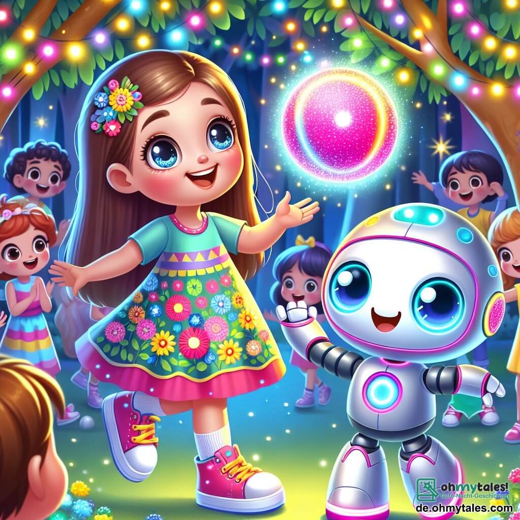Ein 8-jähriges Mädchen, Lina, mit langen braunen Haaren und neugierigen Augen, lächelt fröhlich, während sie mit einem schwebenden, leuchtend rosa Ball spielt. Sie trägt ein buntes Kleid mit Blumenmustern und leuchtende Turnschuhe. Neben ihr steht ein freundlicher Roboter namens Rudi, humanoid mit einem silbernen Körper und blinkenden Lichtern, der sie mit einem breiten Lächeln anfeuert. Sie befinden sich im „Traumpark“, einem magischen Ort mit großen Bäumen, funkelnden Blättern, bunten Blumen und tanzenden Lichtern, wo andere Kinder um sie herum spielen und lachen. Die Szene zeigt Lina, die den Ball zu einer Gruppe von Kindern wirft, während Rudi applaudiert und alle anfeuert, wodurch eine fröhliche und dynamische Atmosphäre entsteht.