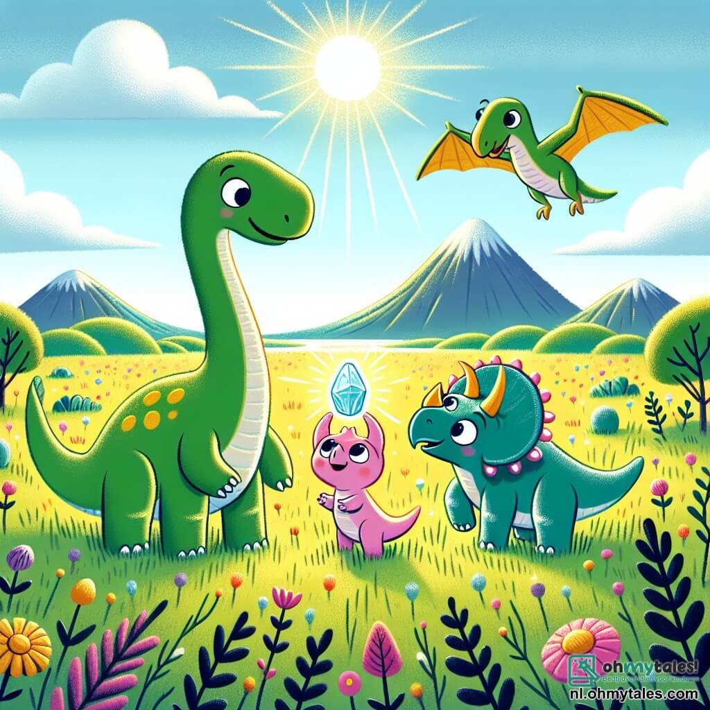 Een diplodocus genaamd Dippy, met een lange groene nek en gele vlekken, staat vrolijk in een zonnige weide, zijn grote ogen stralend van verwondering terwijl hij een prachtige glinsterende steen ontdekt. Naast hem kijkt een kleine triceratops genaamd Tria, met drie hoorns op haar hoofd en een roze huid, nieuwsgierig naar de steen, met haar voorpoten op de grond. Een pterosaur genaamd Ptero, met grote felblauwe vleugels, zweeft boven hen, klaar om te landen en het tafereel te bewonderen. De achtergrond toont een uitgestrekte groene weide vol kleurrijke bloemen, met verre bergen onder een stralende blauwe lucht. De belangrijkste situatie toont Dippy, Tria en Ptero die samen rond de magische steen staan, hun gezichten verlicht door het glinsterende licht van de steen, wat de vriendschap en het avontuur symboliseert dat hen te wachten staat.
