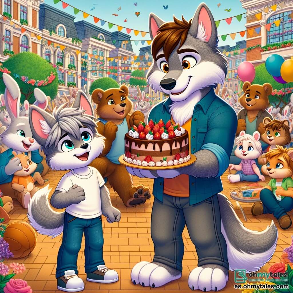 Un pequeño lobo llamado Lucas, con pelaje gris y ojos brillantes de alegría, está en el centro de la escena, sosteniendo un hermoso pastel de chocolate decorado con fresas y crema, irradiando orgullo y emoción. A su lado, su papá lobo, grande y cálido, con pelaje marrón y una sonrisa amorosa, mira a su hijo con admiración, los ojos chispeantes de felicidad, mientras lo anima con una mano en su hombro. Al fondo, la plaza central de Lobópolis está animada, llena de criaturas coloridas: conejos, osos y aves, todos celebrando el Día del Padre, con guirnaldas de flores y globos flotando en el aire. La escena principal muestra a Lucas, el pequeño lobo, presentando su pastel a su papá en una alegre fiesta, rodeado de risas y música, ilustrando el amor y la celebración familiar.