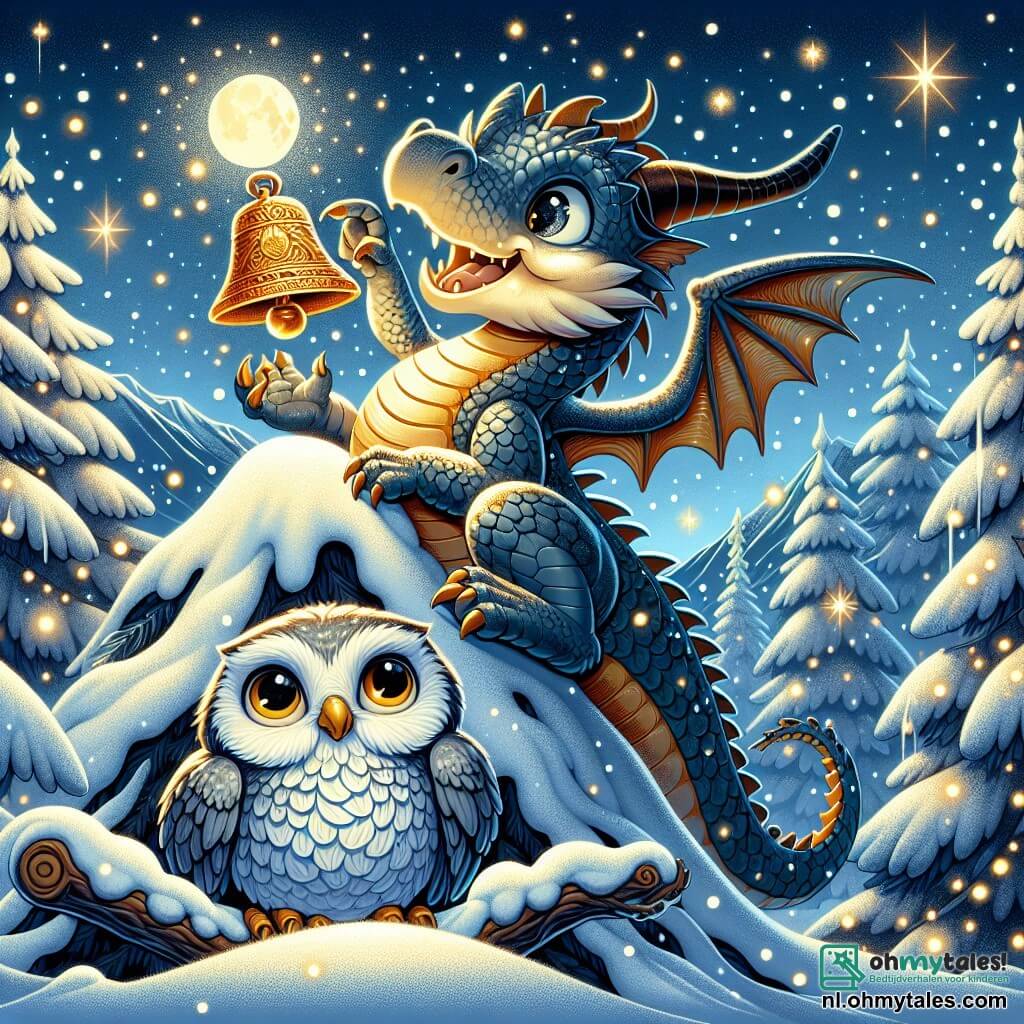 Een jonge draak met glinsterende schubben, zo stralend als sterren, staat vrolijk op de top van een majestueuze sneeuwberg. Zijn grote ogen stralen blijdschap uit en weerspiegelen de magie van Kerstmis, terwijl hij een prachtige gouden bel in zijn kleine pootjes vasthoudt. Naast hem zit een oude wijze uil met grijze en witte veren, die ronde brilletjes draagt, en naar de draak kijkt met een warme en trotse glimlach. Hij zit op een tak van een boom, zijn ogen glinsteren van verwondering en dankbaarheid voor het onverwachte cadeau. De omgeving is een betoverend winterlandschap, met met sneeuw bedekte dennenbomen die schitteren onder het licht van een volle maan, en sneeuwvlokken die zachtjes om hen heen vallen, wat een magische sfeer creëert. De hoofdscène toont de draak en de uil die de ontdekking van de gouden bel vieren, een symbool van vreugde en vriendschap, in een moment van pure kerstmagie.