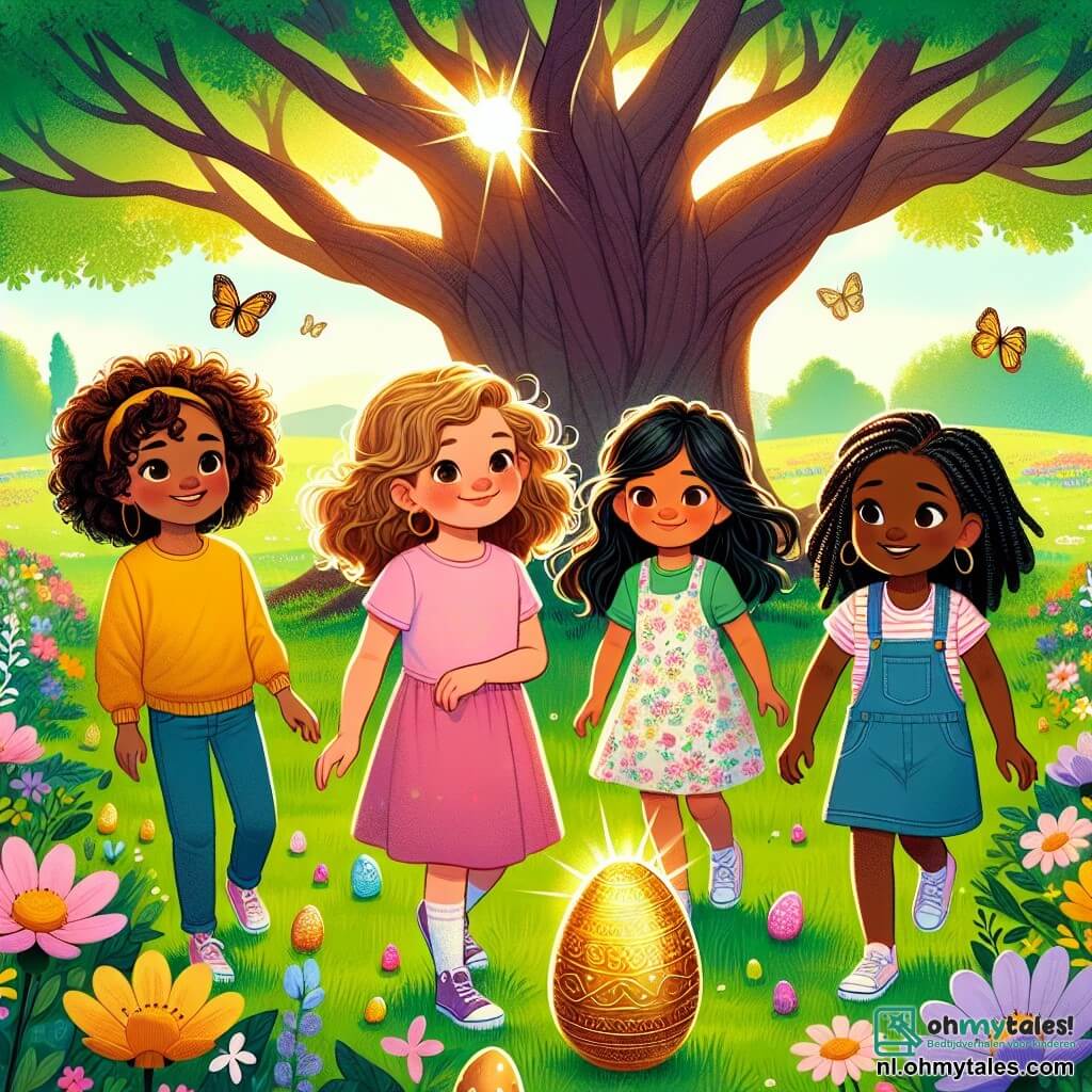 Vier vriendinnen, Lisa (meisje, 10 jaar, bruin, krullend haar, in een gele trui), Noor (meisje, 9 jaar, blond, steil haar, in een roze t-shirt), Ami (meisje, 10 jaar, kastanjebruin, golvend haar, in een bloemenjurk) en Sara (meisje, 9 jaar, zwart, gevlochten haar, in een blauwe trui), staan vrolijk in een groen veld, omringd door kleurrijke bloemen en flonkerende vlinders. Op de achtergrond staat een majestueuze eik met zijn uitgestrekte takken die schaduw bieden, terwijl een zachte gouden lentezon de scène verlicht. De meisjes ontdekken met stralende glimlachen een glinsterend gouden chocolade-ei op het gras, met een mysterieuze notitie eraan bevestigd. De sfeer is gevuld met opwinding en nieuwsgierigheid, wat de geest van het Paasavontuur vastlegt.