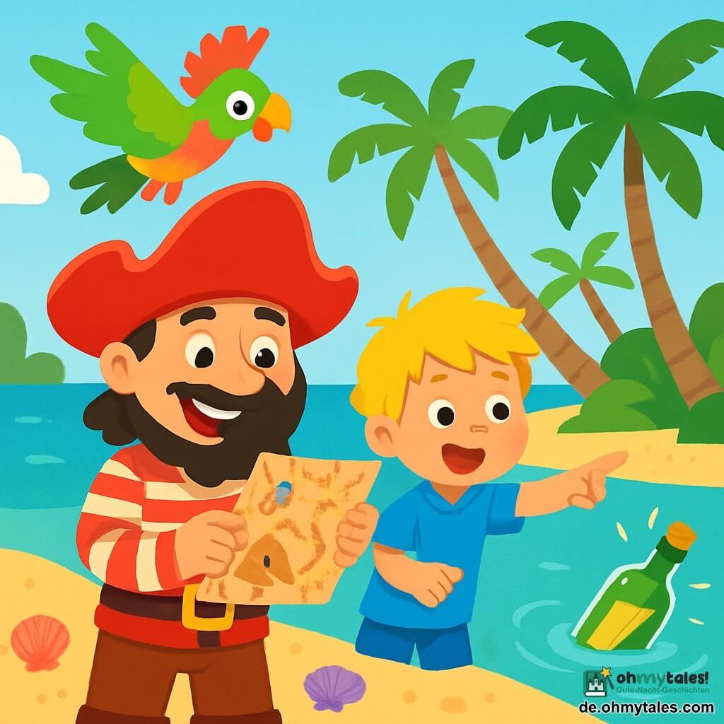 Ein Pirat namens Paul, mit einem großen roten Hut und einem strahlenden Lächeln, steht auf dem goldenen Sand einer tropischen Insel. Er trägt ein gestreiftes Hemd und eine Lederhose und schaut erstaunt auf eine alte Schatzkarte, die er in den Händen hält. Neben ihm zeigt ein etwa 8-jähriger Junge namens Leo mit zerzausten blonden Haaren und einem blauen Hemd auf das Meer, aufgeregt über das Abenteuer. Ein fröhlicher, bunter Papagei namens Piko fliegt über ihnen, seine leuchtend grünen und gelben Federn glitzern in der Sonne. Der Ort ist eine sonnige Insel, umgeben von türkisfarbenem Wasser und einem hellblauen Himmel, mit sanft im Wind wiegenden Palmen. Im Hintergrund schlagen sanfte Wellen an den Strand, und bunte Muscheln sind im Sand verstreut. Die Hauptsituation zeigt Paul und Leo, die eine mysteriöse schwimmende Flasche im Wasser entdecken, mit funkelnden Augen bereit, ein spannendes Abenteuer auf der Suche nach einem versteckten Schatz zu erleben.