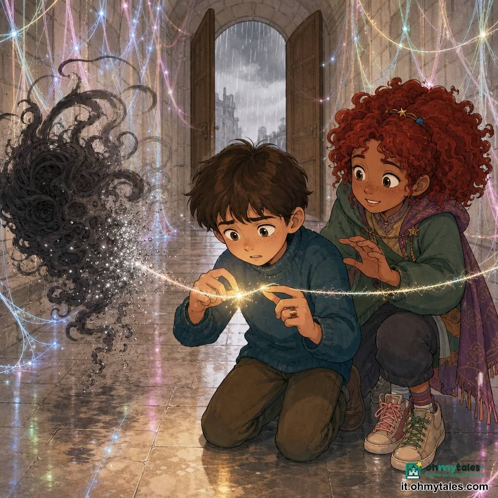 Un ragazzo apprendista mago, Nico, ansioso ma concentrato, capelli castano scuro con frangia, 9–10 anni, con maglione blu petrolio e anello di rame all'anulare, tocca delicatamente un filo luminoso sfilacciato con due dita mentre una tenue luce dorata esce dalle sue mani; dietro di lui a destra sta Ada, 10 anni, birichina e rassicurante, capelli ricci rossi e lacci delle scarpe di colori diversi, pronta a intervenire con sguardo incoraggiante; a sinistra galleggia il Groviglio, forma scura e turbinante come una nuvola di fumo che si ritrae sbriciolandosi in piccoli frammenti argentati mentre il filo si ricuce; il tutto in un lungo corridoio stretto dalle pareti di pietra chiara, pieno di migliaia di fili traslucidi sospesi che brillano di azzurro pallido, rosa e verde, pavimento in lastre lucide che riflettono le luci e una porta di legno aperta che lascia entrare una luce piovosa sullo sfondo; scena calma e tesa, magia dolce e misurata, atmosfera luminosa e pastello con tocchi d'oro e ombra, tratti semplici e arrotondati, texture carta e acquerello.