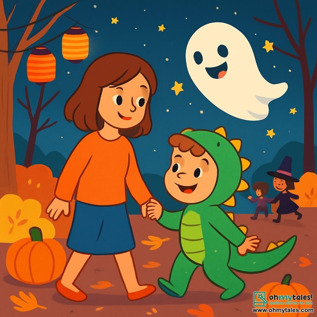 A 4-year-old boy, Leo, smiling and amazed, wears a green dinosaur costume with shiny scales and a swaying tail. He holds his mother's hand, a gentle woman with brown hair and an orange sweater, who looks at Leo with tenderness. Boo, a funny little ghost, joyfully floats beside them, with a smiling face and sparkling eyes. He twirls in the air, surrounded by small shining stars. The scene takes place in an autumn park, filled with glowing pumpkins, golden leaves, and bare-branched trees. Colorful lanterns hang from the branches, lighting the path. Leo and Boo are about to embark on a magical adventure, laughing together under the starry sky, while other costumed children play around them, creating a festive and joyful atmosphere.
