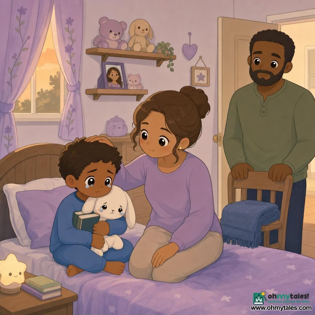 A calm, intimate scene in a grandmother’s lavender-walled bedroom: a sad but soothed 6-year-old boy with a round face, big bright eyes and short brown hair sits on the bed holding a tear-wet white rabbit comforter and clutching a book; his gentle mother, about 35, with light brown hair in a bun, sits to his right stroking his head; his protective father, about 38 with broad shoulders and a short beard, stands by the door with hands on a chair back; the room has embroidered violet curtains letting warm evening light through, a small wooden shelf with a framed photo of a smiling woman, a folded blue blanket on a chair, neatly arranged stuffed animals, and a taped paper sign reading "Love is always here," all rendered in soft pastel colors and rounded shapes.