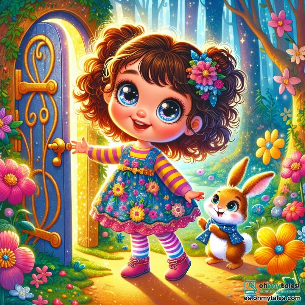 Una niña de 4 años, Lucía, con grandes ojos brillantes y cabello rizado castaño, se encuentra frente a una puertita dorada, su rostro radiante de emoción y curiosidad. Lleva un vestido de flores coloridas y calcetines rayados. A su lado, un pequeño conejo azul, con suave pelaje y una bufanda estrellada, sonríe alegremente, listo para darle la bienvenida al mundo mágico. El escenario es un bosque encantado, donde los árboles son altos y majestuosos, sus hojas brillan en mil colores y las flores cantan melodías suaves. Rayos de sol filtran a través de las ramas, creando sombras danzantes en el suelo cubierto de musgo. Lucía, maravillada, abre la puertita, lista para entrar en esta aventura mágica, mientras el conejo la anima con una mirada amistosa, rodeado de flores brillantes que parecen aplaudir su valentía.