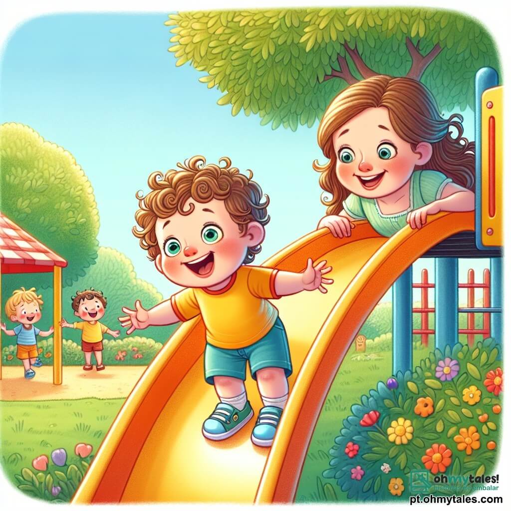 Um menino de 2 anos, com cabelos cacheados e olhos brilhantes, está no topo de um grande escorregador. Seu rosto expressa uma mistura de empolgação e nervosismo, com um grande sorriso e bochechas rosadas. Ele usa uma camiseta amarela vibrante e um short azul. Ao lado dele, sua mãe, uma mulher de cerca de 30 anos, com cabelos longos e castanhos, sorri para ele com encorajamento. Ela veste um vestido leve e está logo abaixo das escadas do escorregador, com os braços abertos, pronta para recebê-lo. O local é um parque ensolarado, cheio de verde, com árvores coloridas e flores vibrantes ao redor. O céu está azul e limpo, e outras crianças brincam alegremente ao fundo. A situação principal mostra o menino pronto para deslizar no escorregador, com uma mistura de apreensão e empolgação, enquanto sua mãe o encoraja com amor e apoio.