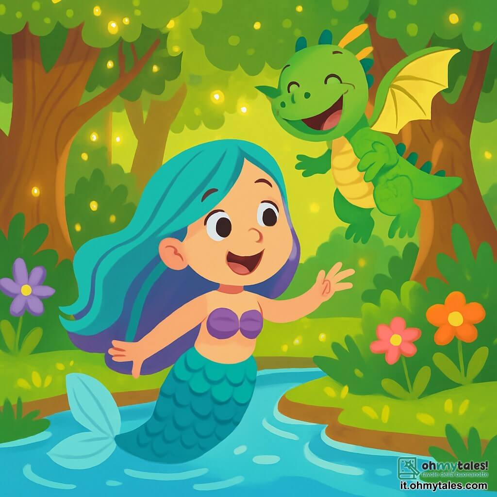 Una sirena di nome Marina, con lunghi capelli ondulati nei colori turchese e viola, nuota gioiosamente in un'acqua cristallina, le sue scaglie brillanti che scintillano sotto il sole. Ha un grande sorriso meravigliato sul viso, con occhi pieni di curiosità. Accanto a lei, un piccolo draghetto verde di nome Lino, con grandi ali traslucide e occhi rotondi e gentili, vola felice nell'aria, ridendo e facendo piroette. La scena si svolge in una foresta incantata, con grandi alberi dai tronchi nodosi che si ergono verso il cielo, le loro foglie scintillanti illuminate da lucciole danzanti. Marina e Lino esplorano insieme questo luogo meraviglioso, ridendo e giocando, mentre i raggi di sole filtrano tra i rami, creando ombre danzanti sul terreno.