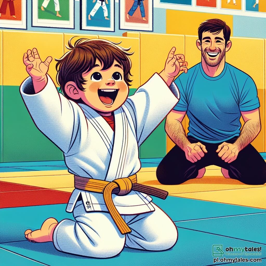Mały chłopiec Michałek, mający 2 lata, z rozczochranymi brązowymi włosami i dużymi, błyszczącymi oczami, trenuje judo w za dużym białym kimonie, co czyni go jeszcze bardziej urokliwym. Jego twarz wyraża ogromną radość i wesołą koncentrację. Obok niego stoi uśmiechający się Pan Janusz, około 30-letni mężczyzna z krótkimi włosami i starannie przystrzyżoną brodą, w niebieskiej koszulce i czarnych spodniach sportowych, entuzjastycznie zachęcając Michałka. Scena rozgrywa się na kolorowym tatami w jasnej sali sportowej z żółtymi ścianami i plakatami judo. Michałek wykonuje ruch judo, przygotowując się do upadku z szerokim uśmiechem, a Pan Janusz obserwuje go z dumą, gotowy do pomocy. Atmosfera jest pełna koleżeństwa i radości, ilustrując szczęście wspólnej zabawy i nauki.