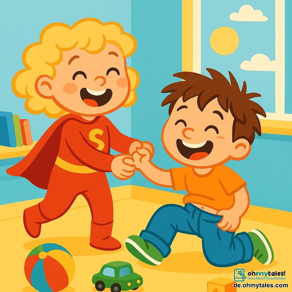 Super-Lina ist ein lächelndes Mädchen mit lockigem blonden Haar und einem großen fröhlichen Lächeln. Sie trägt ein leuchtend rotes Superheldenkostüm mit einem flatternden Umhang und lacht, während sie ihrem Freund Wackel-Willi hilft. Wackel-Willi ist ein etwa 8-jähriger Junge mit zerzausten Haaren und einem schelmischen Gesicht. Er trägt eine zu große Hose, die ihm von den Hüften rutscht, und richtet sich auf, nachdem er auf den Boden gefallen ist, und lacht über die Situation. Die Szene spielt in einem hellen, bunten Raum mit himmelblauen Wänden und verstreuten Spielzeugen auf dem Boden. Ein großes Fenster lässt Sonnenlicht herein, das die fröhliche Atmosphäre erhellt. In dieser lustigen Situation hilft Super-Lina Wackel-Willi, sich aufzurichten, nachdem er wegen seiner zu großen Hose gefallen ist, und beide lachen zusammen, was eine Atmosphäre von Kameradschaft und Glück schafft.