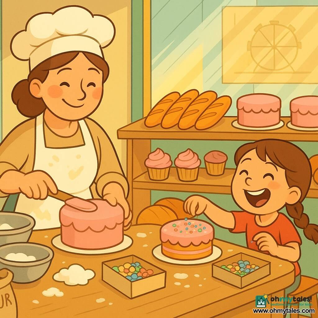 The main character is a smiling, focused woman baker with rosy cheeks and a cream apron dusted with flour, holding a wooden spatula and spreading icing on a cake center stage; the secondary character is a ~7-year-old girl with bright eyes and a brown braid, laughing and decorating a cake with colorful sprinkles while standing on a small stool; a light-wood counter is dusted with flour and holds metal bowls, open flour bags, and a box of multicolored sugar flowers; the back display shows a large clean window with soft reflections, a fair poster at the top, and morning sun rays lighting golden pastries; the scene depicts the baker and girl arranging pink-frosted cakes, cupcakes, golden baguettes, and crusty round loaves on a display, arranged appealingly; warm color palette of soft yellows, pastel pinks, honey wood and mint accents; clean lines, rounded contours, expressive faces and a welcoming atmosphere.
