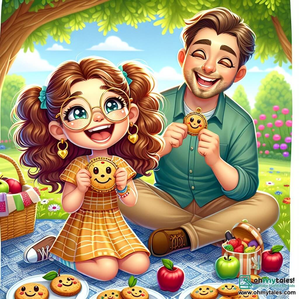 An 8-year-old girl with brown pigtails and round glasses smiles joyfully, holding a golden paper medallion around her neck. Her eyes sparkle with excitement and pride. She sits on a blue patterned blanket, surrounded by delicious slices of apples and smiling cookies. Next to her, her father, a man in his thirties with brown hair and a light beard, laughs while trying to eat a cookie in one bite, his eyes wide with surprise. They are both sitting under a large oak tree, its green leaves gently swaying in the breeze. The setting is a sunny garden filled with colorful flowers and green grass, creating a joyful and festive atmosphere. The main scene shows the girl and her father sharing a tender and fun moment during a Father's Day picnic, surrounded by laughter and happiness.