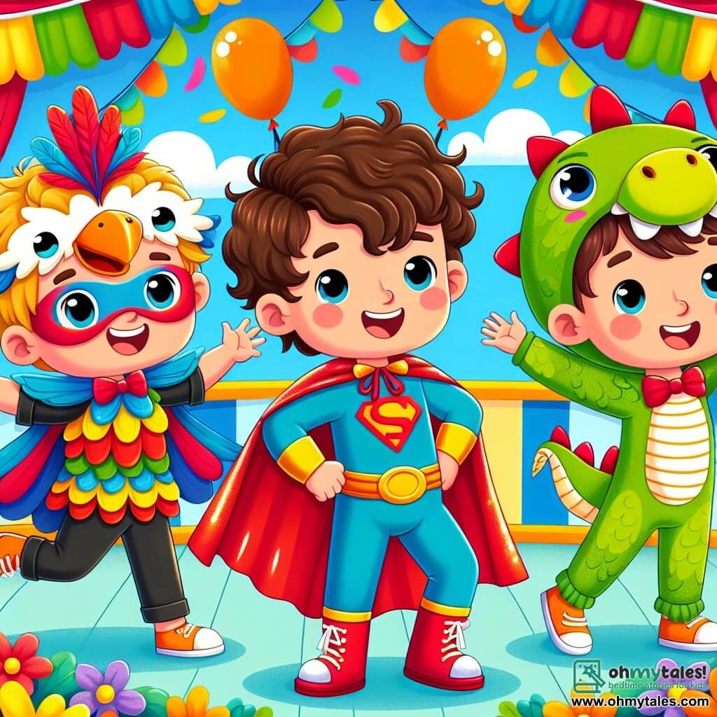 Three three-year-old boys are at the center of the image. Max, a boy with curly brown hair, wears a shiny red cape and strikes a superhero pose with a big smile. To his right, Leo, a boy with smooth blond hair, is dressed as a bird with a colorful feathered hat, flapping his wings enthusiastically. On the left, Sam, a boy with curly brown hair, is dressed as a dragon with green scales and a big smile, pretending to fly between his friends. The background shows a joyful carnival scene, with colorful balloons floating in the blue sky, vibrant flower garlands decorating the stage, and children laughing and applauding around them. The three friends are on stage, ready to participate in a costume contest, in a festive atmosphere filled with music and laughter, as they dance together, united in their fun "super dragon bird" costume.