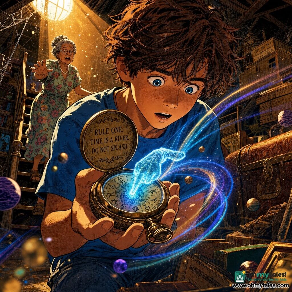 A 12-year-old boy, enthusiastic and slightly awed, messy chestnut hair, blue t‑shirt and jeans, holds an open antique pocket watch in both hands and watches its tiny shimmering blue hand pointing at symbols; his grandmother, about 70, gray hair in a bun and a floral dress, stands at the attic stairs, surprised and calling toward him; the brass watch is worn, its lid engraved RULE ONE: TIME IS A RIVER. DO NOT SPLASH, with a trembling thin blue‑glowing hand; the attic is lit by a warm sunbeam with dust motes, stacked wooden crates, an old leather trunk and delicate cobwebs; a slight blur surrounds the boy and curved light trails emanate from the watch suggesting the start of time travel, in vivid colors, strong contrasts, bold outlines and grainy pop‑art textures.