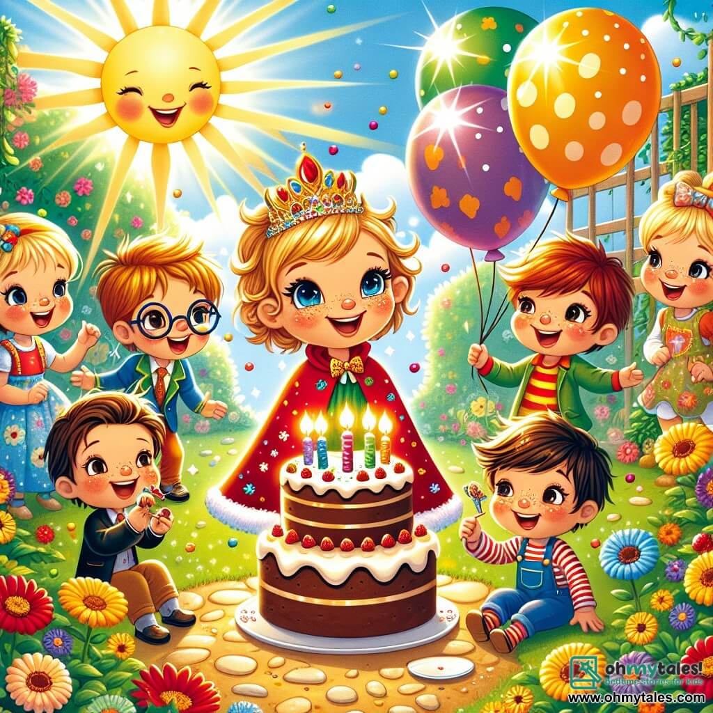 In a sunny garden, a 5-year-old boy named Tommy wears a sparkling red cape and a big smile. He is surrounded by his friends: Billy, a 5-year-old boy with blonde hair and sparkling eyes who jumps with joy; Timmy, a 5-year-old boy with glasses and brown hair holding a colorful balloon; and Danny, a 5-year-old boy with freckles and red hair, laughing with a piece of cake on his face. The garden is filled with colorful flowers swaying in the wind, with a large chocolate cake decorated with sparkling candles at the center, surrounded by floating balloons. The scene shows the children dancing joyfully around the cake, with a small fairy with shiny wings watching them and smiling, adding a touch of magic to this unforgettable birthday party.