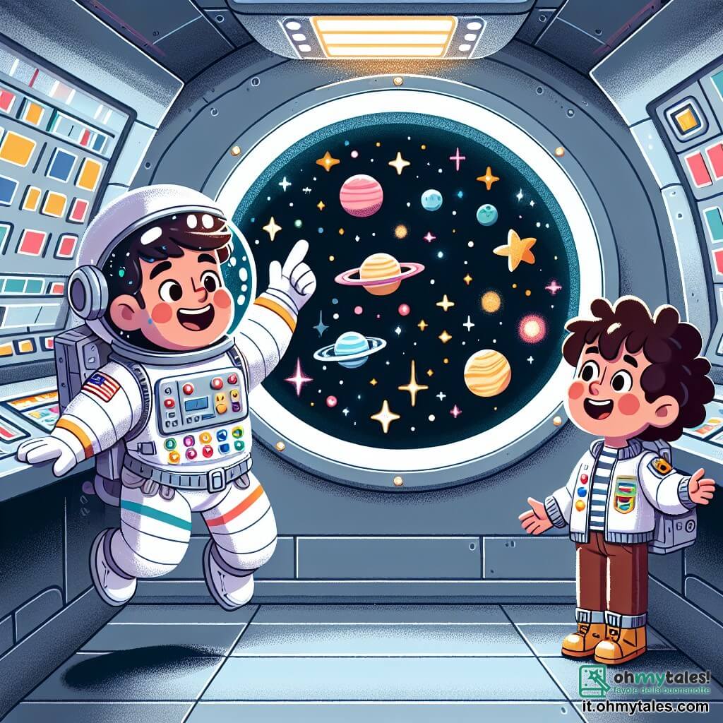 Un astronauta uomo, con un casco lucido e una tuta spaziale bianca decorata con toppe colorate, fluttua gioiosamente nella stazione spaziale, il viso raggiante di felicità e meraviglia. Sta indicando una grande finestra, dove si vedono stelle scintillanti e pianeti colorati, mentre sorride con entusiasmo. Accanto a lui, un ragazzo di circa 8 anni, con capelli castani e ricci, guarda con occhi sgranati, meravigliato dalla vista. Indossa una tuta spaziale in miniatura simile a quella dell'astronauta e sembra pronto per esplorare l'universo. La scena si svolge all'interno di una stazione spaziale futuristica, con pareti argentate e pannelli di controllo luminosi. Grandi finestre offrono una vista spettacolare dello spazio, dove le stelle brillano come diamanti su uno sfondo nero profondo. In questa situazione, l'astronauta spiega al ragazzo come esplora l'universo e scopre nuovi mondi, condividendo il suo entusiasmo per le stelle e il viaggio spaziale.