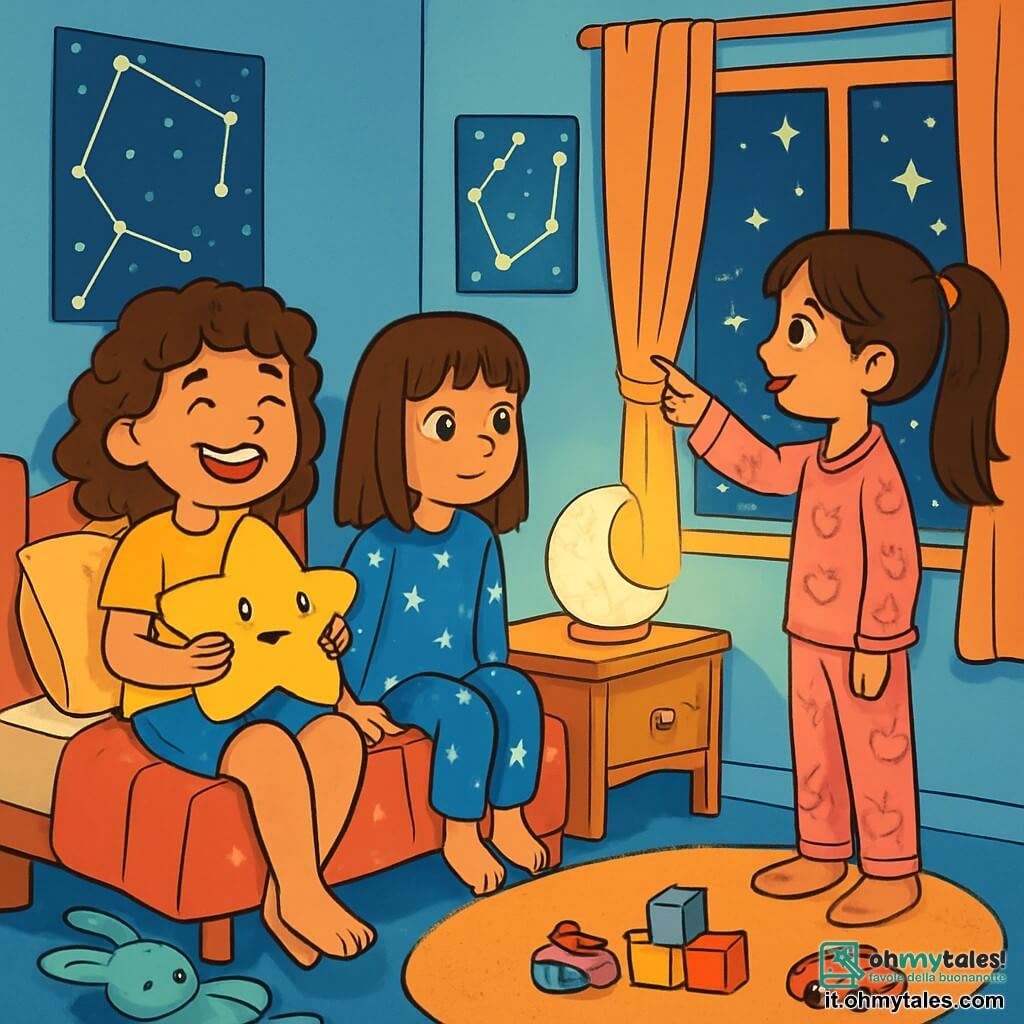 Ci sono 3 personaggi: - Giulia: una ragazza di 10 anni, con capelli ricci e un grande sorriso. Indossa una maglietta gialla e pantaloni corti di jeans. È seduta sul suo letto, tenendo un peluche a forma di stella. - Anna: una ragazza di 10 anni, con capelli lisci e una frangia. Indossa una felpa blu con stelle bianche. È accanto a Giulia, guardando la lucina a forma di luna sul comodino. - Martina: una ragazza di 10 anni, con lunghi capelli castani legati in una coda di cavallo. Indossa un pigiama rosa con motivi di gatti. È in piedi vicino alla finestra, guardando le stelle fuori. La scena si svolge in una cameretta accogliente, con pareti dipinte di azzurro chiaro e poster di costellazioni. Una piccola lampada a forma di luna illumina dolcemente la stanza, proiettando ombre morbide. Giocattoli sono sparsi sul pavimento e un grande letto con lenzuola colorate è al centro. Le tre amiche sono riunite, condividendo storie sul tema del buio. Giulia sorride con il suo peluche, mentre Anna ammira la luce della luna. Martina racconta una storia avvincente e tutte sembrano felici, circondate da un'atmosfera magica e rassicurante.
