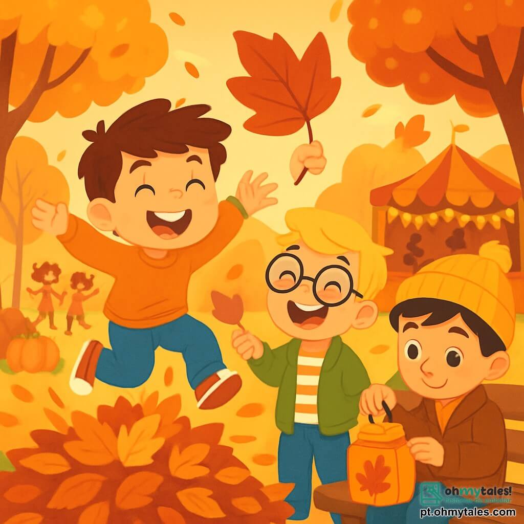 Há 3 personagens: - Miguel: um garoto de 8 anos, com cabelos castanhos bagunçados e um sorriso radiante. Ele usa um suéter laranja e uma calça azul. Ele está pulando em um monte de folhas. - João: um garoto de 8 anos, com cabelos loiros e óculos redondos. Ele está vestido com uma jaqueta verde e uma camiseta listrada. Ele segura uma grande folha vermelha acima da cabeça, rindo alto. - Tiago: um garoto de 8 anos, com cabelos negros e sardas no nariz. Ele usa um gorro de lã amarelo e um casaco marrom. Ele está sentado em um banco, cercado de folhas, decorando uma lanterna de outono. O local é um parque de outono vibrante de cores, com árvores de folhas douradas, vermelhas e laranjas. O chão está coberto por um espesso tapete de folhas crocantes. Ao longe, há barracas decoradas com abóboras e guirlandas de milho, com crianças dançando e rindo. Uma grande festa está em andamento, com uma suave luz de fim de tarde iluminando a cena. A situação principal mostra os três amigos se divertindo juntos, Miguel pulando alegremente nas folhas, João rindo com sua folha vermelha e Tiago concentrado em sua lanterna, criando uma atmosfera de alegria e camaradagem, típica dos belos dias de outono.