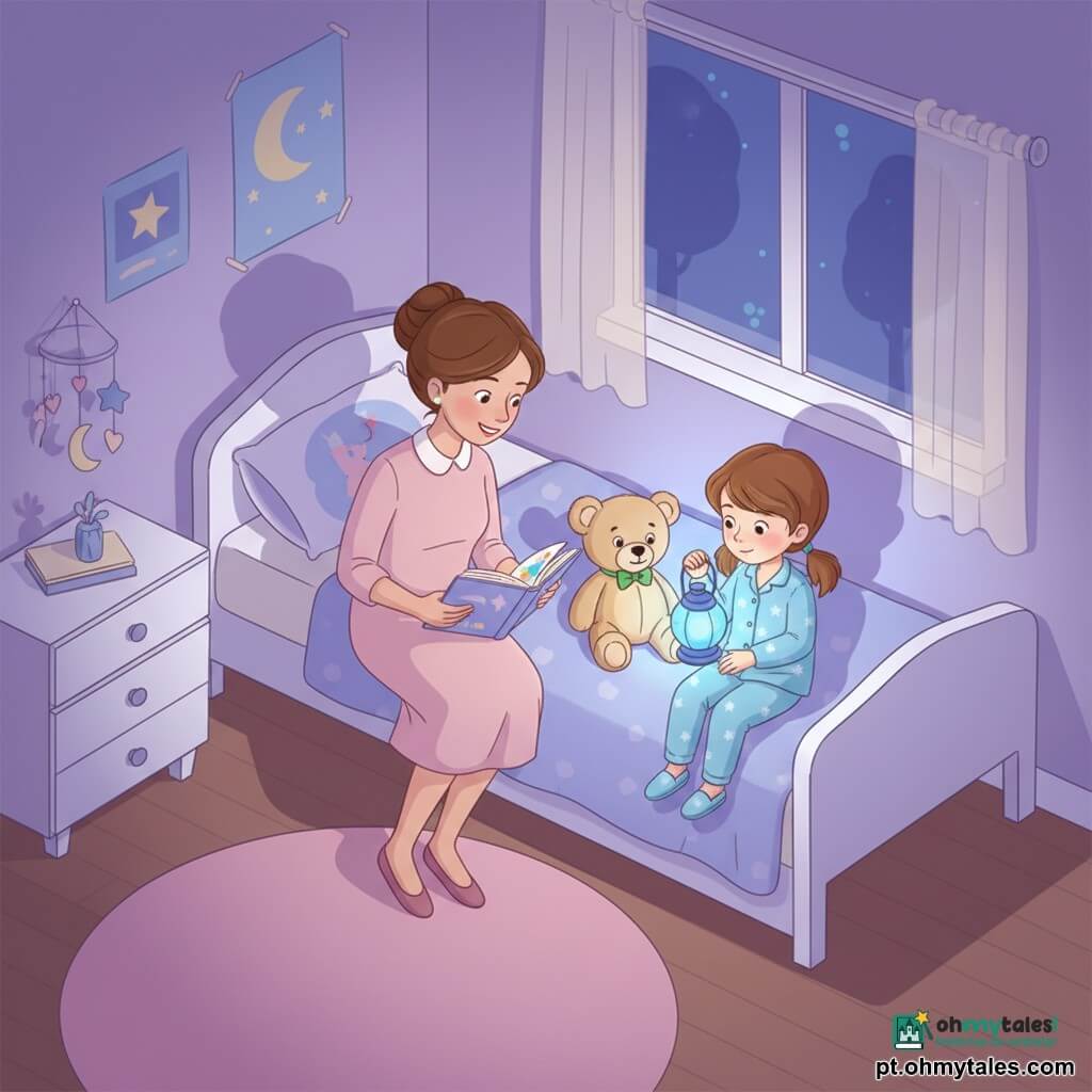 Há três personagens: Sofia, menina de 6 anos, cabelo castanho-claro em rabo de cavalo, pijama azul-claro com pequenas estrelas, sentada à direita da cama segurando uma lanterna azul que emite luz suave; a mãe, cerca de 32 anos, cabelo castanho preso em coque, vestido rosa claro, sentada à beira esquerda da cama inclinada para ler um livro ilustrado com expressão tranquila; e um urso de pelúcia bege no centro da cama entre as duas, olhos pretos brilhantes e laço verde, olhando para a lanterna. Cena: quarto infantil visto de cima, paredes lavanda, pôsteres de estrelas e lua, cômoda branca, tapete rosa circular, cortina leve com silhuetas de árvores à janela. Situação: noite calma e acolhedora em que a luz azul da lanterna cria reflexos suaves nos rostos e sombras arredondadas nas paredes; Sofia observa curiosa enquanto a mãe lê para acalmar, transformando a escuridão em um espaço familiar e suave.