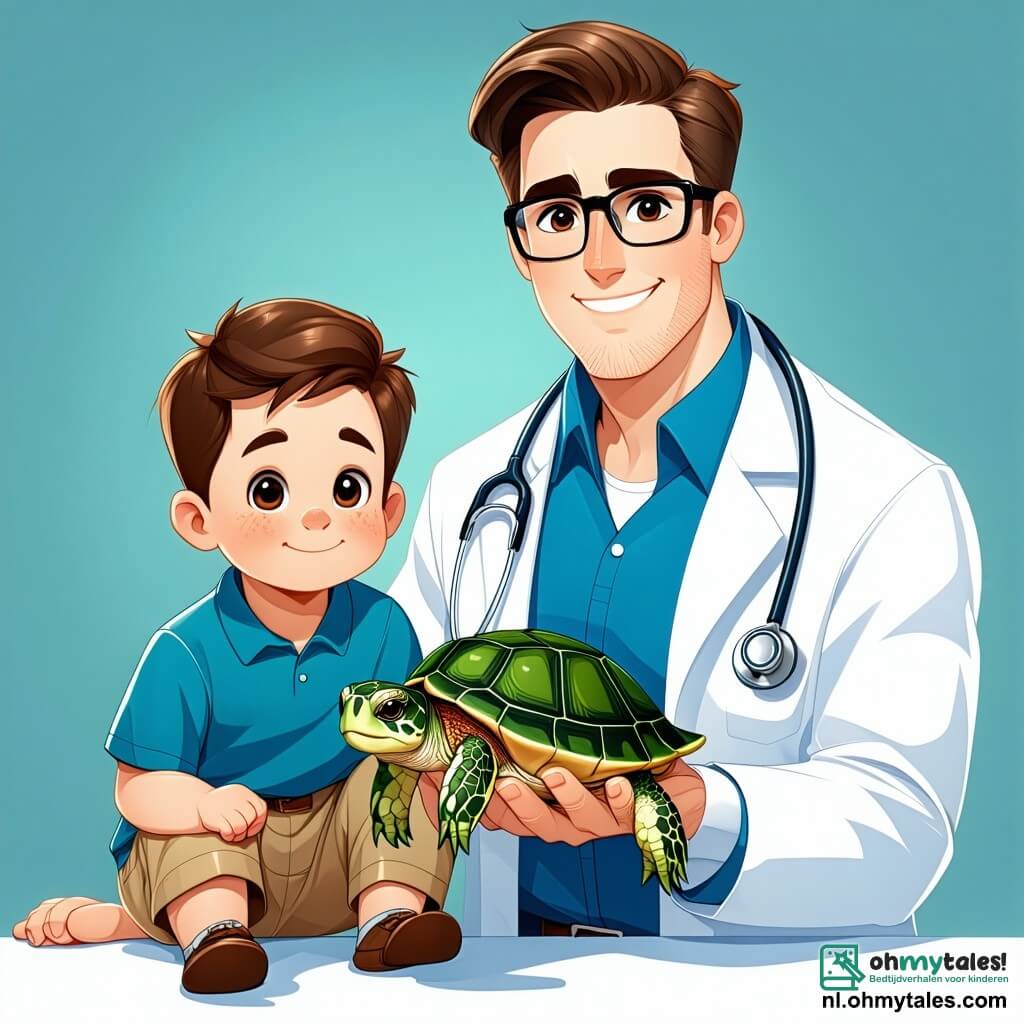 Een glimlachende en vriendelijke mannelijke dierenarts, Diederik, draagt een witte jas en een stethoscoop om zijn nek. Hij heeft bruin haar en ronde bril, en hij houdt een kleine schildpad genaamd Bram in zijn handen, met een geconcentreerde en zachte uitdrukking op zijn gezicht. Naast hem kijkt een 8-jarig jongetje genaamd Timmy, met wild blond haar en een kleurrijk t-shirt, vol bewondering naar de schildpad. Hij zit op een stoel met zijn handen op zijn knieën en zijn gezicht toont bezorgdheid maar ook hoop. De scène speelt zich af in een lichte en uitnodigende dierenkliniek, met pastelgroene muren, dierenposters op de muren en dieren speelgoed verspreid over de vloer. Een groot raam laat zonlicht binnen, dat de ruimte verlicht. Diederik onderzoekt aandachtig Bram, de schildpad, die een beetje moe maar nieuwsgierig lijkt, terwijl Timmy aandachtig kijkt, hopend dat zijn schildpadvriend snel beter zal worden.