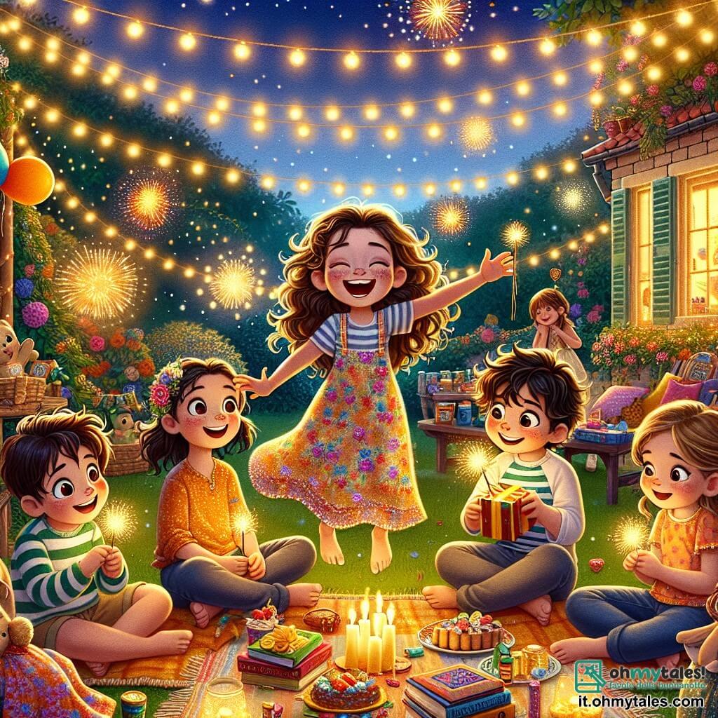 Una bambina di 9 anni, Sofia, con capelli castani ricci e occhi scintillanti di gioia, salta di felicità in un giardino illuminato da luci scintillanti. Indossa un vestito colorato con motivi floreali e un grande sorriso, esprimendo la sua eccitazione per la festa di Capodanno. Accanto a lei, il suo amico Marco, un ragazzo di 10 anni con capelli castani disordinati e una maglietta a righe, tiene una scatola di fuochi d'artificio, gli occhi brillanti di attesa. Lucia, una ragazza di 9 anni con capelli lunghi e lisci, indossa una gonna di paillettes e un maglione morbido, seduta su una coperta e racconta una storia avvincente a un gruppo di bambini incantati. Il giardino è decorato con lanterne colorate, palloncini e un grande tavolo pieno di dolcetti, creando un'atmosfera festosa e calorosa. La notte stellata aggiunge un tocco magico a questa scena gioiosa, mentre i bambini si preparano a festeggiare insieme il Capodanno con risate e scintille di luce.