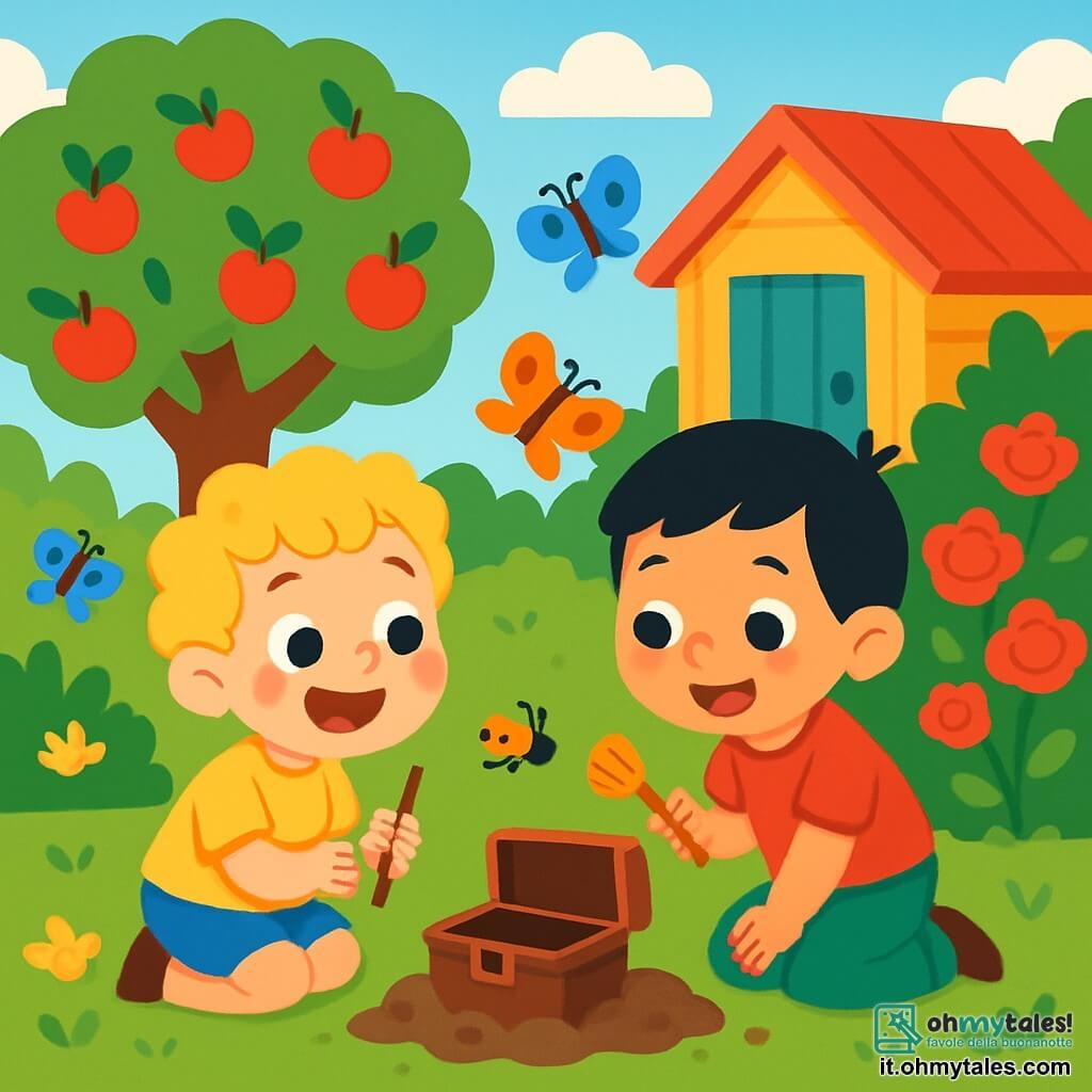 Ci sono 2 personaggi principali: Luca, un bambino di 4 anni con capelli biondi e ricci, indossa una maglietta gialla e pantaloni corti blu, seduto sull'erba con gli occhi brillanti di eccitazione e un bastoncino in mano; e Marco, un bambino di 4 anni con capelli neri e lisci, indossando una maglietta rossa e pantaloni verdi, in ginocchio accanto a Luca, sorridente e con un piccolo rastrello di plastica. La scena si svolge in un giardino soleggiato, pieno di fiori colorati e alberi da frutto, con un grande melo carico di mele rosse al centro e un vecchio capanno di legno sullo sfondo. Luca e Marco sono impegnati in una caccia al tesoro, cercando con entusiasmo nel giardino una misteriosa scatola, circondati da insetti curiosi e farfalle colorate che volano intorno a loro.