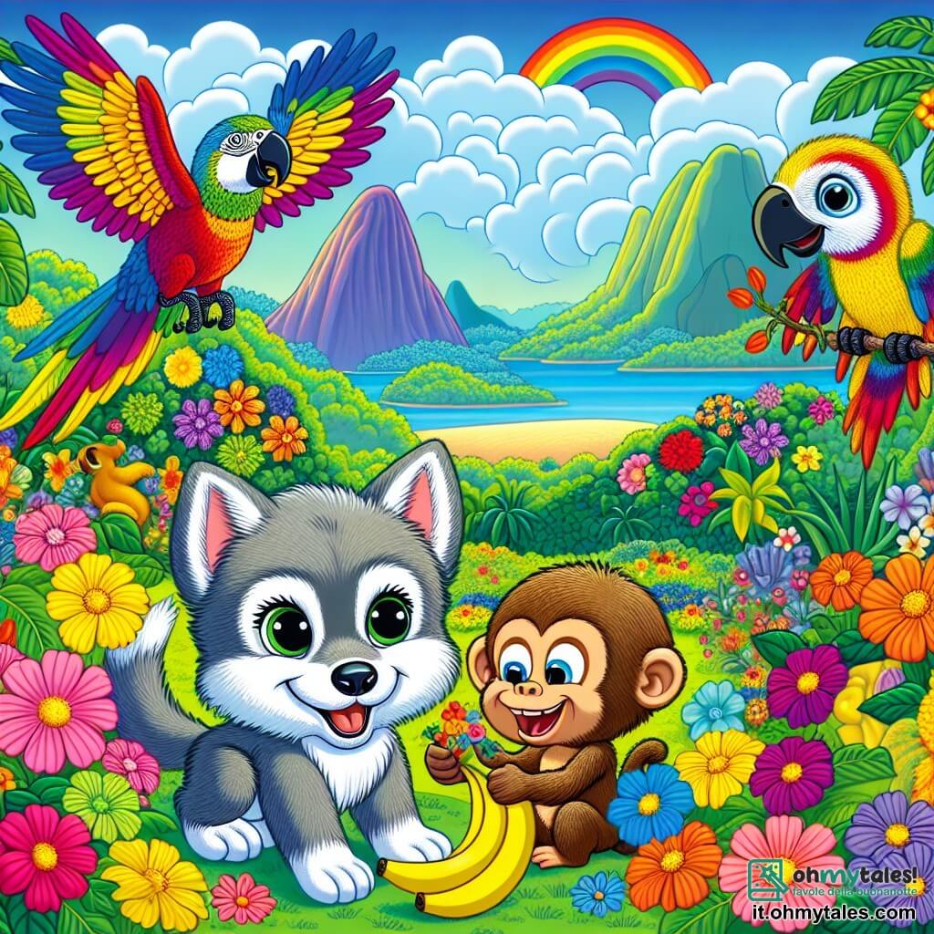 Un piccolo lupo dagli occhi scintillanti e dal morbido pelo grigio, sorride meravigliato, in mezzo a un giardino colorato circondato da fiori vivaci. Accanto a lui, un pappagallo dalle piume multicolori, con un'aria gioiosa, vola leggermente sopra il lupo, tenendo una banana nel becco, pronto a darla. Un piccolo mico, con pelo marrone e occhi maliziosi, scala un albero vicino, ridendo e cercando altre banane. Sullo sfondo, si staglia un magnifico paesaggio di Rio de Janeiro, con montagne verdi, il famoso Corcovado e una spiaggia dorata baciata da un cielo blu brillante. La scena mostra il trio che celebra la loro amicizia e avventura, circondati da risate e gioia, con banane e fiori colorati intorno a loro.