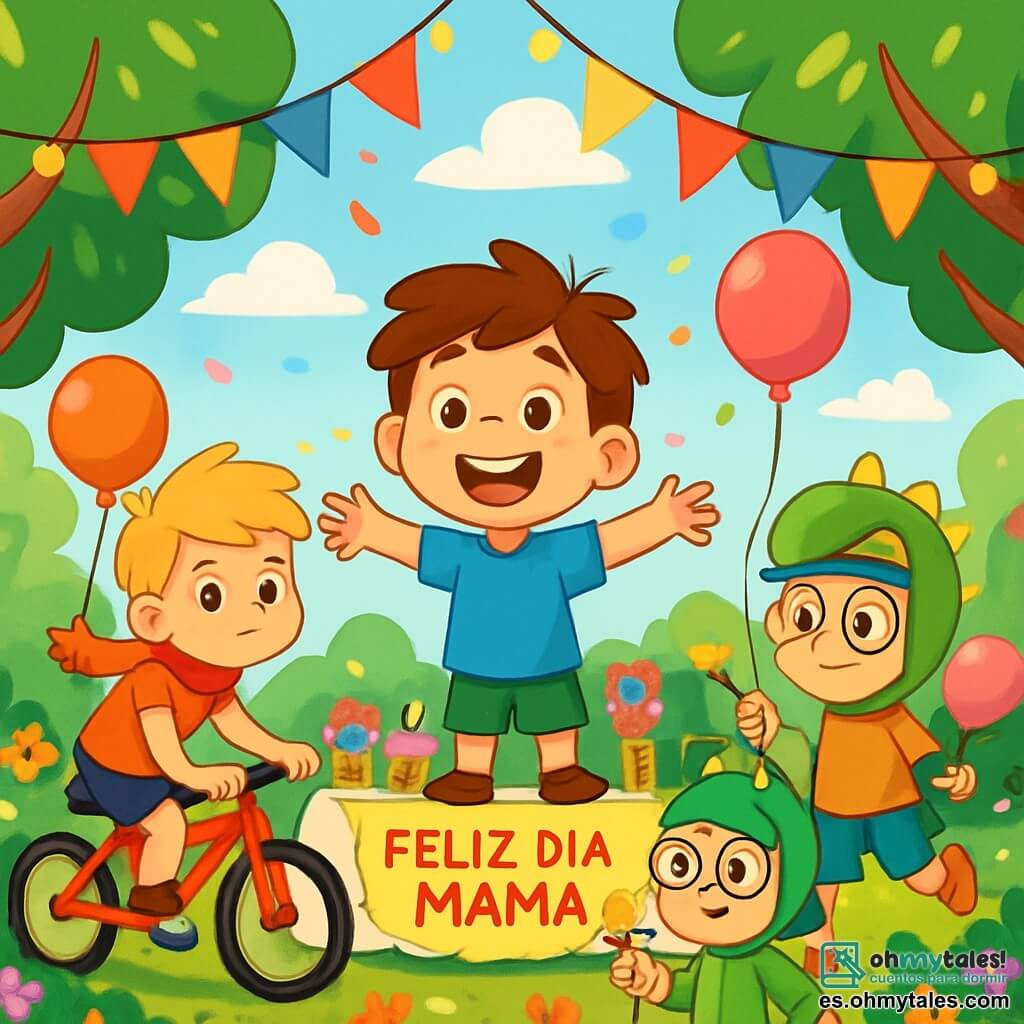 Hay 4 niños: - Bruno: un chico de 8 años, con cabello castaño alborotado y una gran sonrisa. Lleva una camiseta azul y un pantalón corto verde, está en el centro con los brazos abiertos, lleno de entusiasmo. - Nico: un chico de 9 años, con cabello rubio y una bufanda roja que vuela al viento. Está a la izquierda de Bruno, en su bicicleta, con una expresión decidida. - Leo: un chico de 7 años, con una gorra de dragón y gafas redondas. Está a la derecha de Bruno, sosteniendo una flor en una mano y un globo en la otra, listo para divertirse. - Martín: un chico de 8 años, con cabello castaño y una capa azul alrededor de su cuello. Está detrás de Bruno, saltando de alegría con una mirada brillante. El lugar es un hermoso jardín lleno de flores coloridas, grandes árboles con hojas brillantes y guirnaldas de luces centelleantes. En el centro, hay una gran mesa decorada con pasteles, caramelos y globos flotantes, mientras un cielo azul brillante ilumina la escena. La situación principal muestra a los niños celebrando el Día de la Madre, rodeados de decoraciones festivas, con Bruno anunciando la sorpresa a su mamá, que llega con una sonrisa maravillada. Los niños están listos para lanzar confeti y cantar, creando un ambiente alegre y mágico.