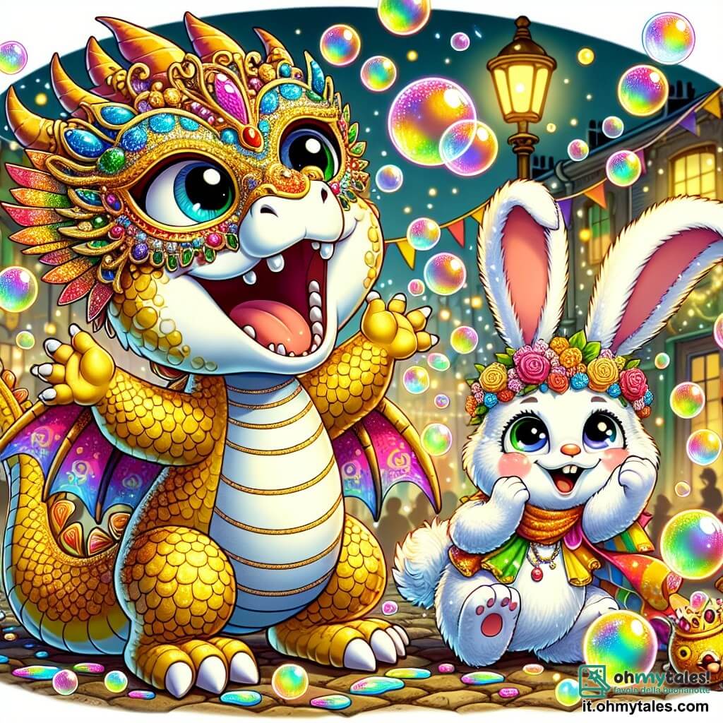Un piccolo drago con squame scintillanti dai colori vivaci, con grandi occhi brillanti di gioia, indossa una magnifica maschera dorata decorata con paillettes. Sta facendo volare bolle di sapone colorate intorno a sé, ridendo di felicità. Accanto a lui, un adorabile coniglio con grandi orecchie e pelliccia bianca, vestito da clown con motivi multicolori, salta di gioia applaudendo, il suo viso radioso di eccitazione. Un saggio gufo, con una corona di fiori e un costume da principessa, li osserva con un sorriso benevolo, seduto su un ramo d'albero, ammirando la magia che si svolge. La scena si svolge in una strada animata di un villaggio festoso, decorata con ghirlande colorate e lanterne scintillanti, dove i bambini ridono e ballano, creando un'atmosfera gioiosa e vibrante. Il drago, circondato dai suoi amici, crea una pioggia di bolle multicolori che fluttuano nell'aria, illuminando il carnevale di magia e felicità.