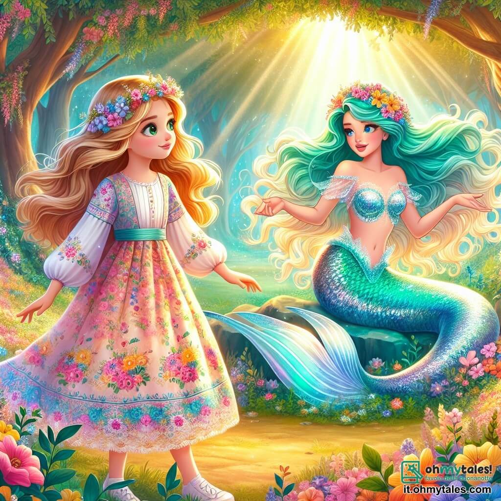 In una radura incantevole, Livia, una giovane donna di 18 anni con lunghi capelli dorati e occhi pieni di curiosità, si trova al centro con un sorriso determinato. Indossa un abito leggero di tessuto pastello, decorato con fiori colorati, e tende la mano verso una sirena. Marina, la sirena, è una bella creatura acquatica di circa 20 anni, con capelli ondulati turchesi e una coda scintillante argentata. È seduta su una pietra brillante, con occhi pieni di speranza, cantando dolcemente per ritrovare la sua voce perduta. La scena si svolge in un boschetto lussureggiante, circondato da alberi maestosi con foglie verde smeraldo e fiori vivaci che tappezzano il terreno. Raggi di sole filtrano tra i rami, creando un'atmosfera magica e calorosa. Livia e Marina si preparano ad affrontare lo stregone, determinate a recuperare la voce della sirena, unendo il loro coraggio e la loro amicizia in questa ricerca piena di magia.