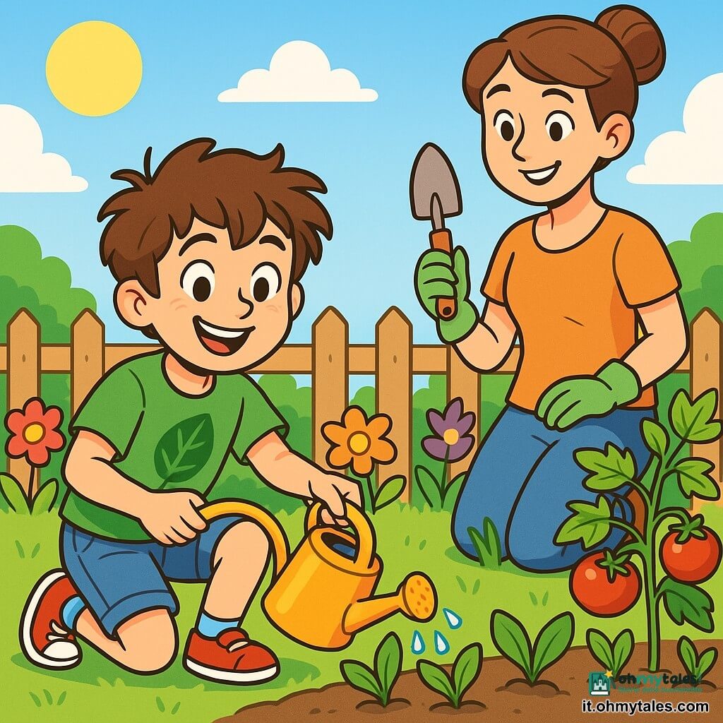 Un ragazzo di 10 anni, di nome Luca, con capelli castani in disordine e occhi pieni di curiosità, è accucciato nel suo giardino soleggiato, sorridendo con orgoglio mentre annaffia le piante. Indossa una maglietta verde brillante con un motivo a foglia e pantaloni corti di denim. Accanto a lui, sua madre, una donna di circa 35 anni con capelli castani raccolti in un chignon e un sorriso caloroso, tiene una piccola pala, pronta a piantare semi. Si trova leggermente indietro, osservando Luca con ammirazione. Il giardino è pieno di fiori colorati, verdure verdi e frutti succosi, circondato da recinzioni in legno e da un cielo blu splendente. La scena principale mostra Luca mentre si prende cura del suo piccolo orto, illustrando la sua passione per l'ecologia e il suo impegno a coltivare cibo in modo sostenibile.