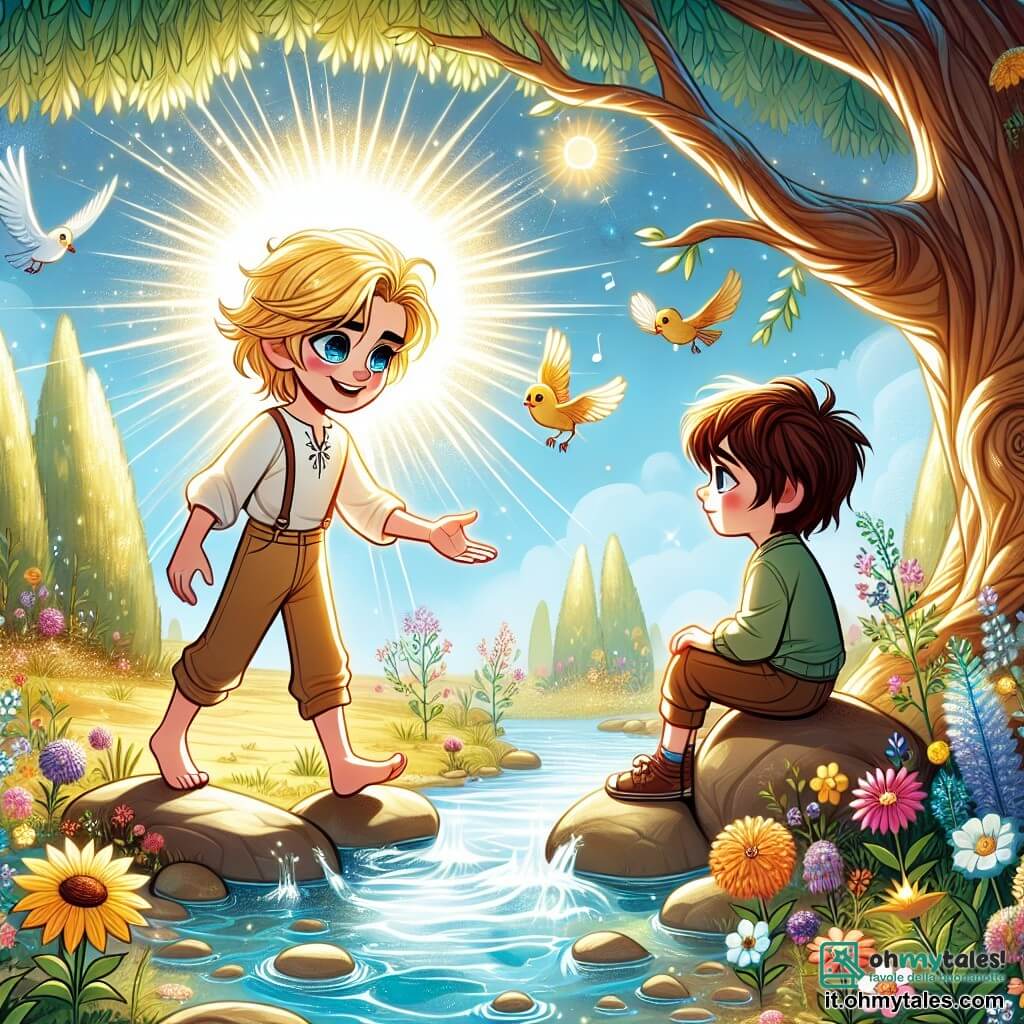 Leo, un giovane ragazzo di luce con capelli dorati e occhi brillanti come stelle, si trova al bordo di un ruscello, con un'espressione determinata e benevola, tendendo la mano verso Marco, un ragazzo dai capelli castani e dagli occhi tristi, seduto su una pietra, che guarda Leo con una luce di speranza nello sguardo. Il ruscello scintilla sotto il sole, circondato da fiori colorati e alberi maestosi, creando un'atmosfera pacifica e magica. Leo incoraggia Marco a parlare dei suoi sentimenti, mentre gli uccelli cantano tra i rami sopra di loro, aggiungendo un tocco di dolcezza a questa scena di sostegno e amicizia.