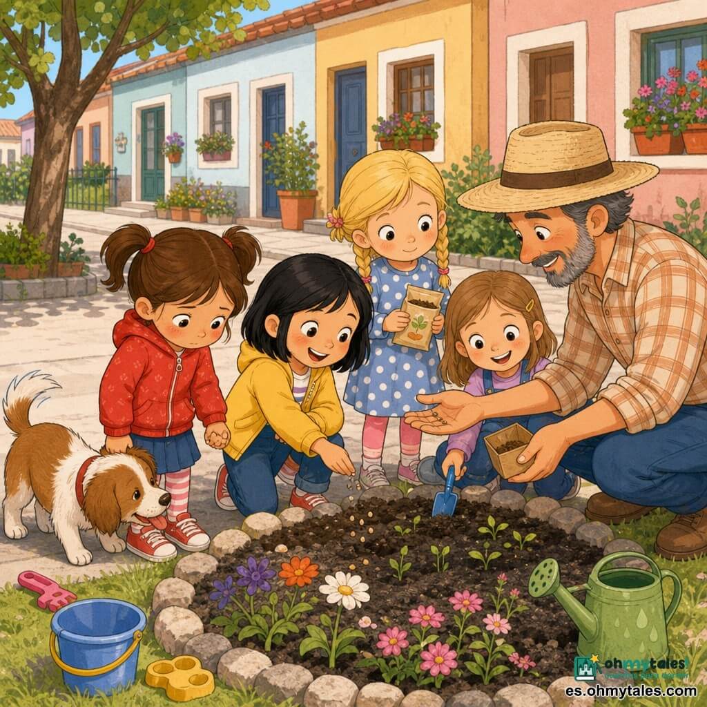 Hay seis personajes: Martina, 6 años, pelo castaño en coletas, chaqueta roja, tímida, sujeta la mano de Sofía (centro izquierda); Sofía, 7 años, pelo negro corto, chaqueta amarilla, sonriente y valiente, sujeta la mano de Martina (centro); Valentina, 6 años, pelo rubio trenzado, vestido de lunares, curiosa con una bolsita de semillas (derecha de Sofía); Lucía, 6 años, pelo castaño claro, riendo suavemente y sujetando una pala de plástico (izquierda de Martina); el señor Ramón, ~45 años, barba gris, sombrero de paja y camisa a cuadros, agachado junto al parterre ofreciendo una caja de semillas (centro derecha); Coco, perro pequeño marrón y blanco, olfatea y lame una mano (primer plano izquierda). Escena en una calle residencial soleada con acera clara, parterre de tierra y casas coloridas; los cuatro niños ayudan al señor Ramón a plantar semillas: cavan con palas de colores, echan tierra y riegan con una regadera verde; ambiente cálido, colores pastel y sonrisas que ganan confianza.
