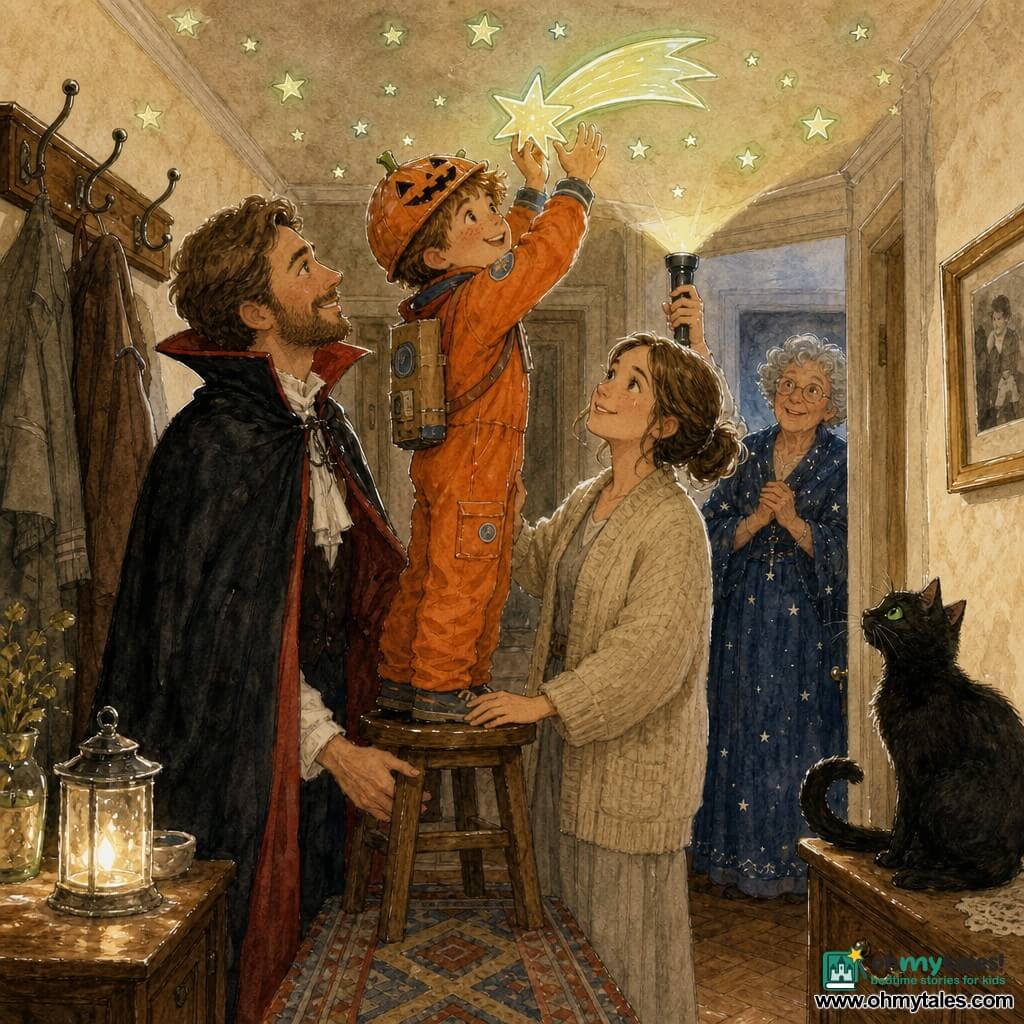 An 8-year-old boy, focused and joyful, round freckled face and tousled light brown hair, wearing a bright orange astronaut suit and a smiling pumpkin paper helmet, stands on a wooden stool and sticks a large phosphorescent comet-shaped star to the ceiling; a gentle encouraging mother (about 35) with tied brown hair and a cream cardigan holds a flashlight illuminating the ceiling from the boy’s right; an amused protective father (about 37) with a short beard and a slightly rumpled vampire cape steadies the stool with one hand and smiles from the left; Mrs. Silver (about 70), amazed and kind, gray curly hair, in a long navy dress dotted with silver stars, stands in the hallway doorway with hands clasped watching; a black cat with green eyes sits on a low dresser, tail curled, observing; the setting is a warm old interior hallway with slightly textured cream walls, a wooden coat rack, a framed black-and-white photo, a small table with a glass lantern, dark parquet floor and a narrow geometric runner; the moment is intimate and luminous as the family places a glowing comet on the ceiling to guide nighttime steps, with soft flashlight light and stickers beginning to emit a pale green halo, cozy atmosphere, warm colors, watercolor textures and white gel-pen highlights for star reflections.